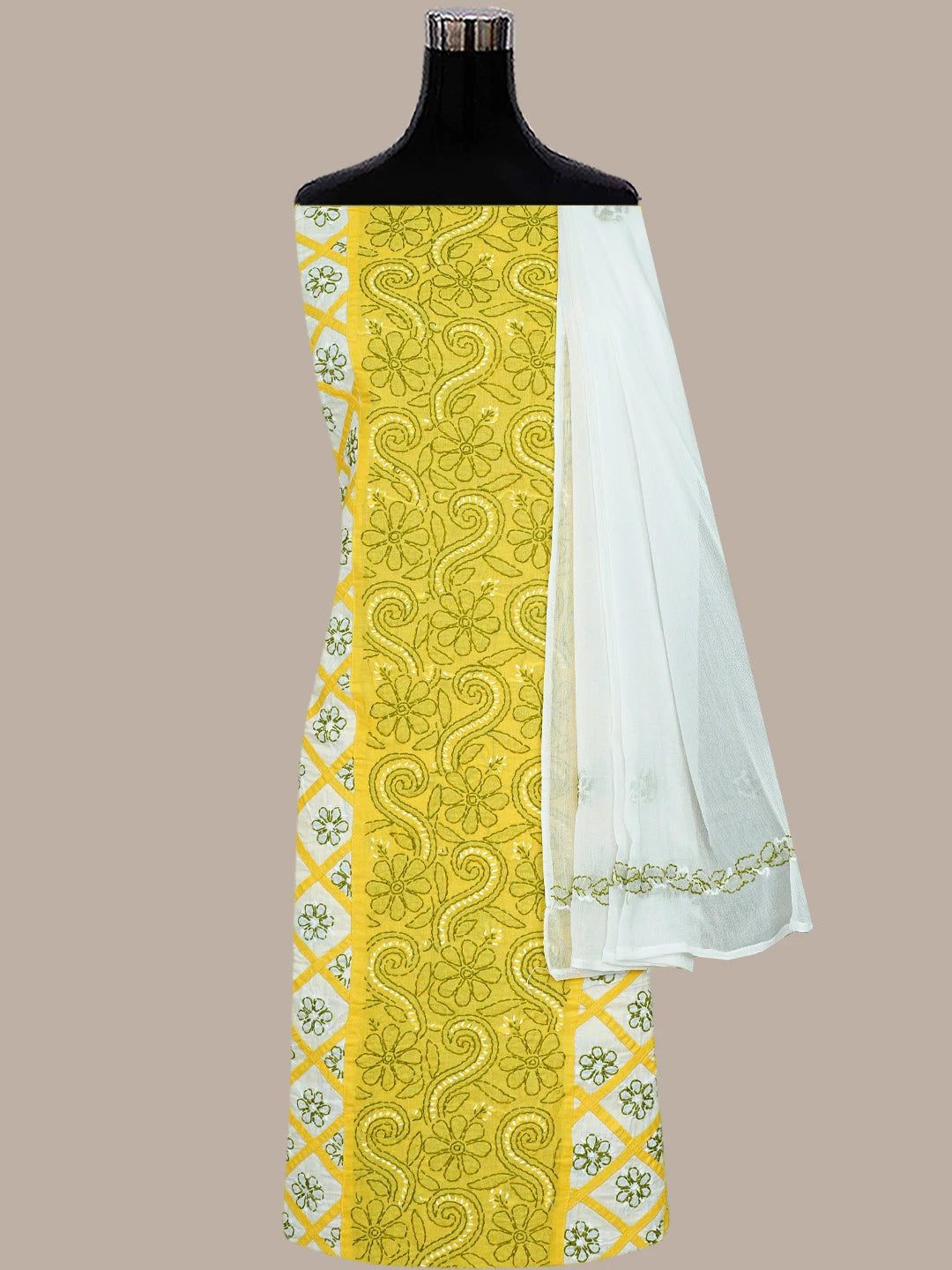 Ada Hand Embroidered Yellow And White Cotton Lucknowi Chikankari Unstitched Suit Piece 01A853044