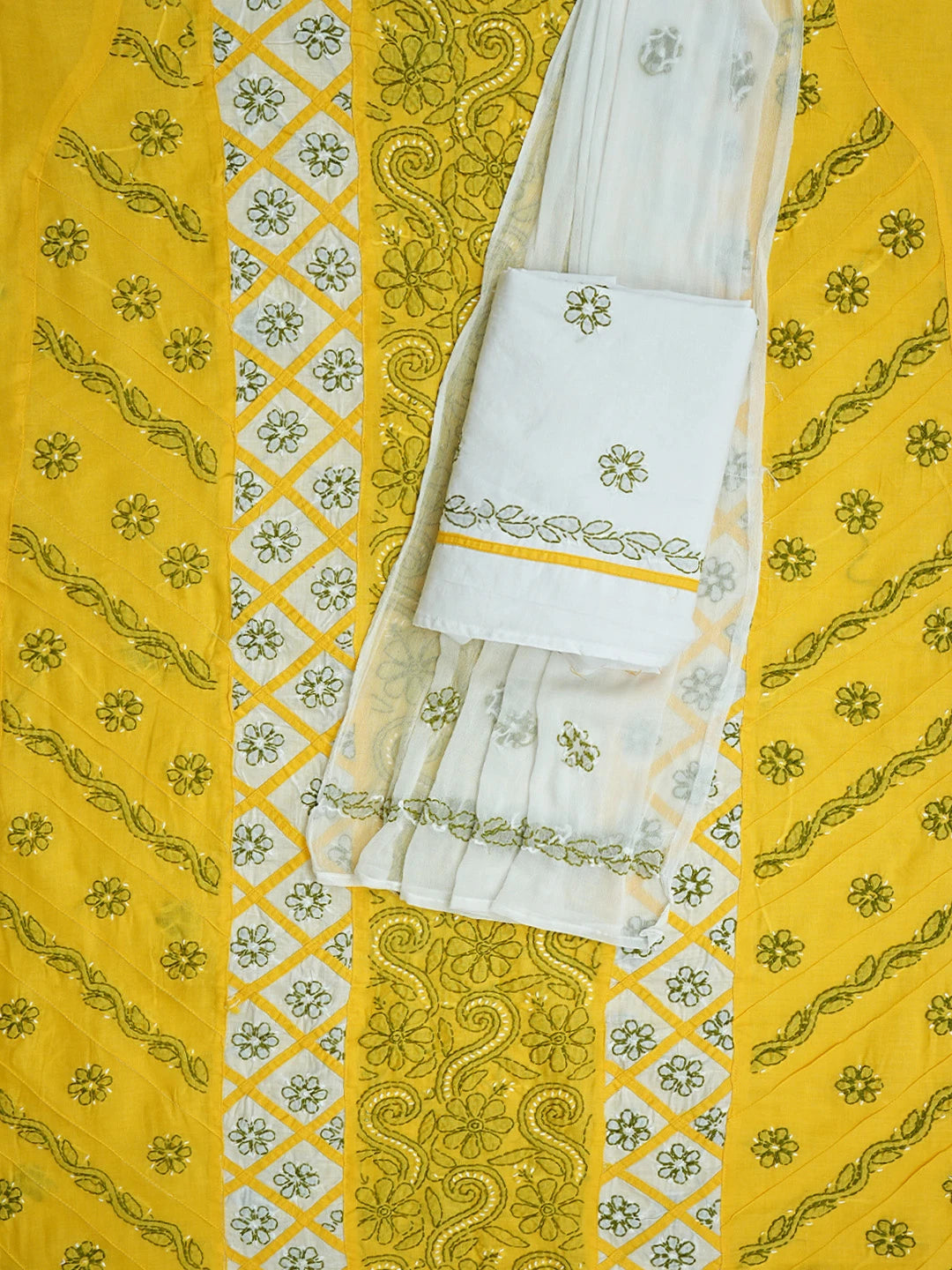 Ada Hand Embroidered Yellow And White Cotton Lucknowi Chikankari Unstitched Suit Piece 01A853044