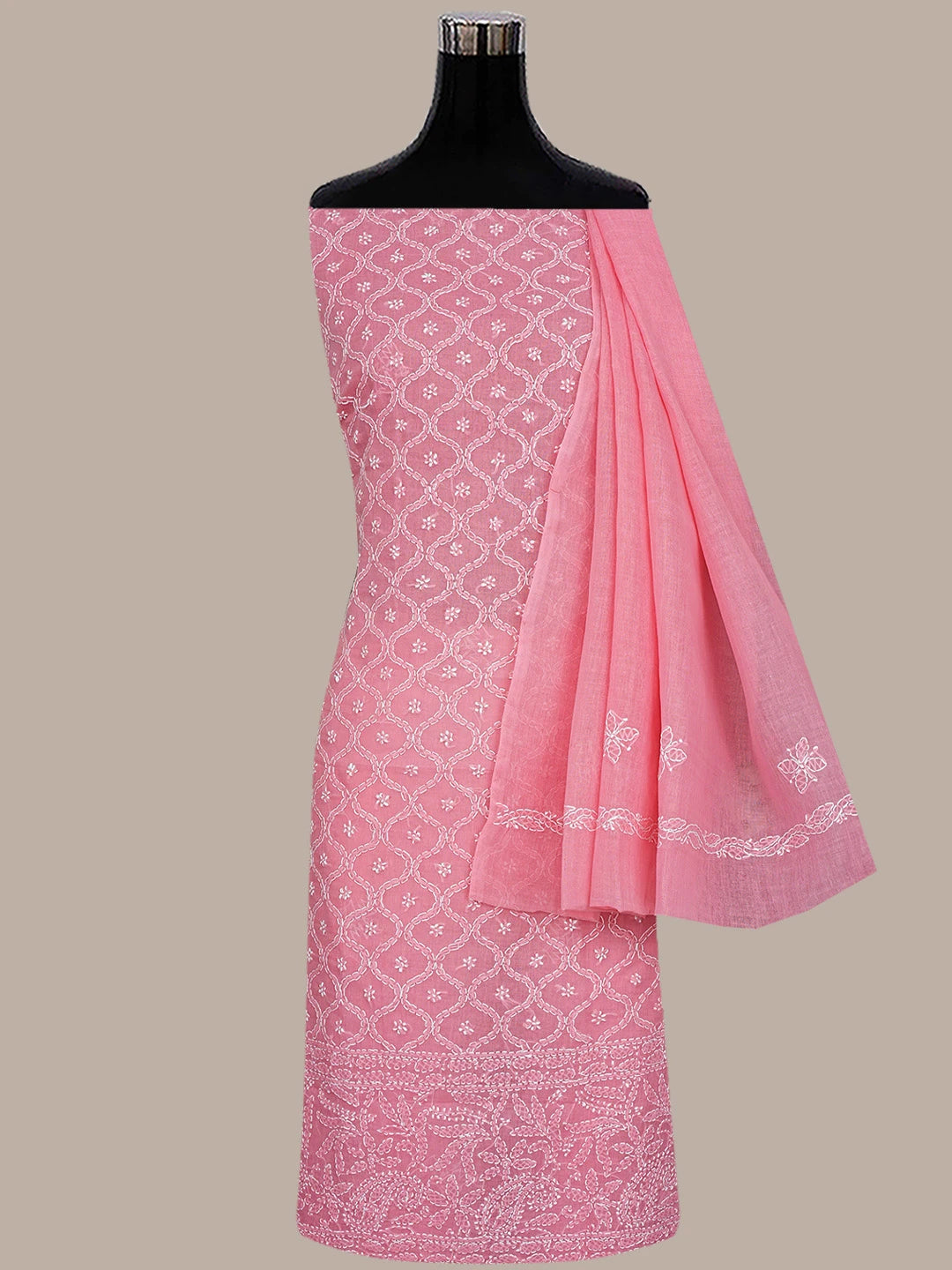 Ada Hand Embroidered Rose Pink Cotton Lucknowi Chikankari Unstitched Suit Piece 01A853553