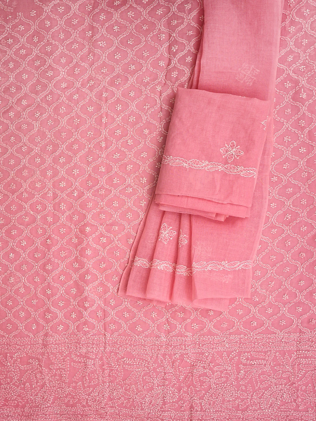Ada Hand Embroidered Rose Pink Cotton Lucknowi Chikankari Unstitched Suit Piece 01A853553