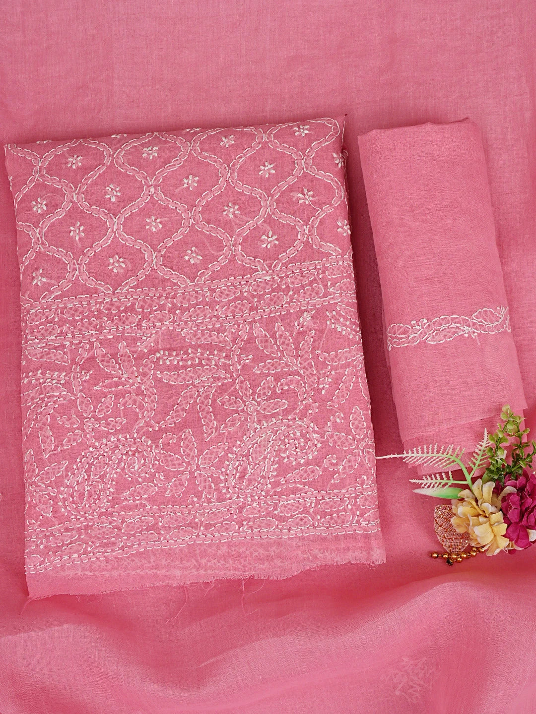 Ada Hand Embroidered Rose Pink Cotton Lucknowi Chikankari Unstitched Suit Piece 01A853553