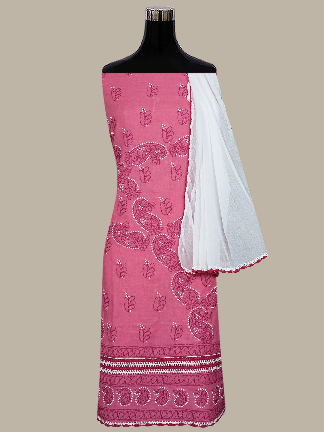 Ada Hand Embroidered Onion Pink Cotton Lucknowi Chikankari Unstitched Suit Piece 01A853017