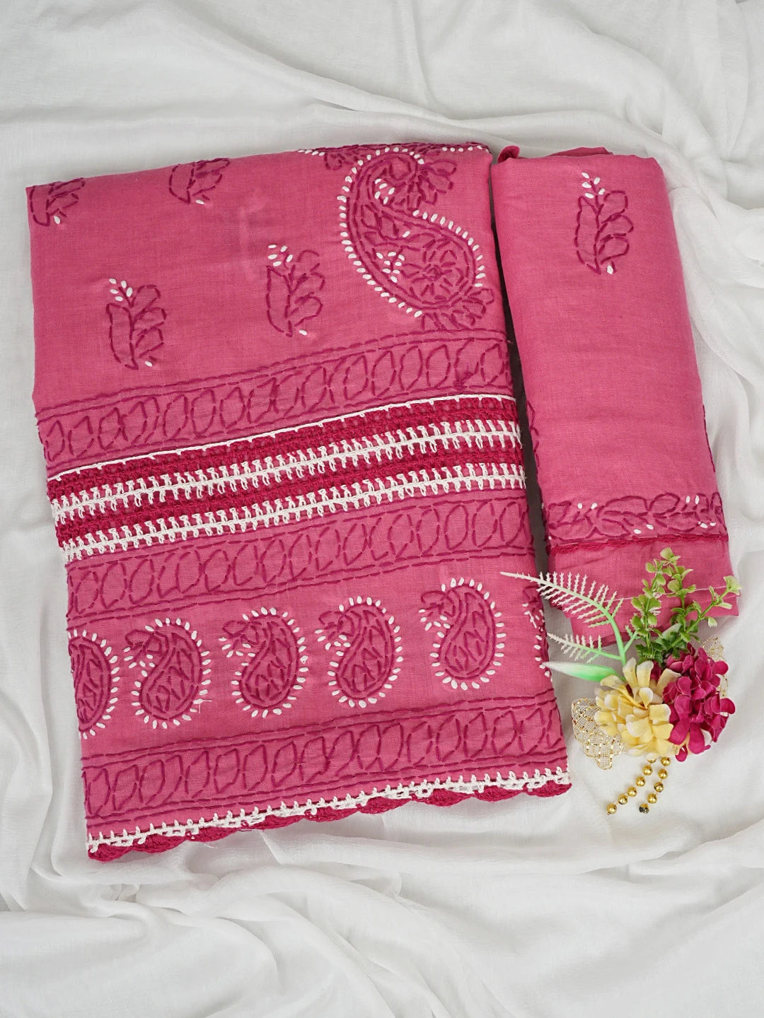 Ada Hand Embroidered Onion Pink Cotton Lucknowi Chikankari Unstitched Suit Piece 01A853017