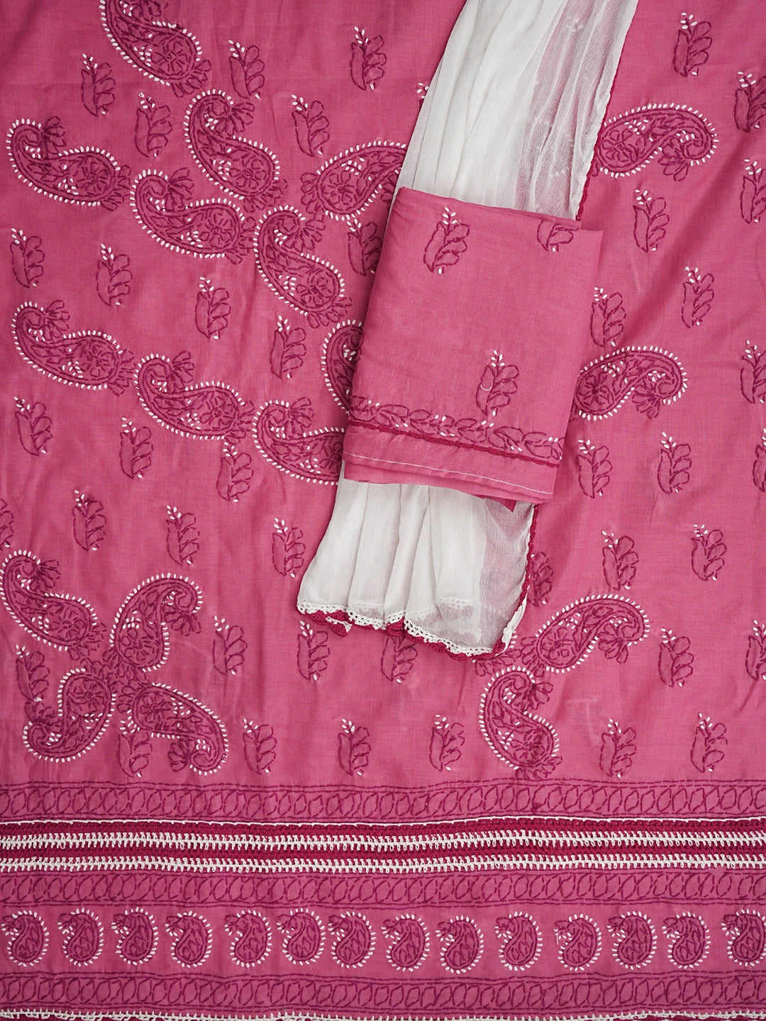 Ada Hand Embroidered Onion Pink Cotton Lucknowi Chikankari Unstitched Suit Piece 01A853017