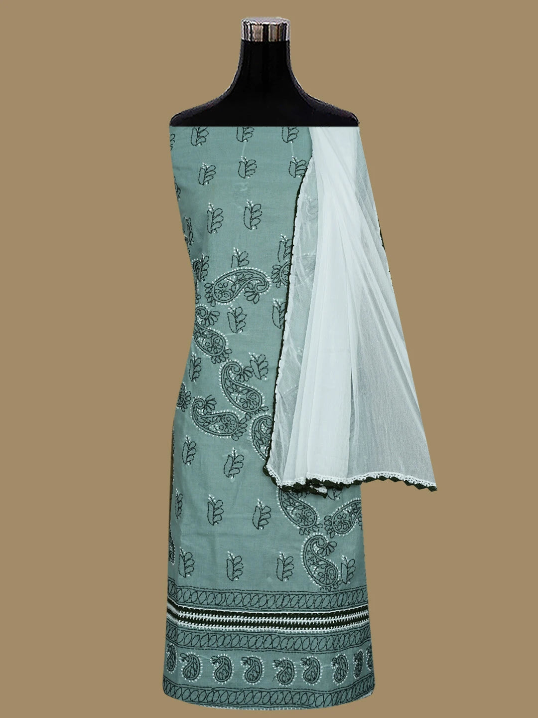 Ada Hand Embroidered Teal Green Cotton Lucknowi Chikankari Unstitched Suit Piece 01A853018