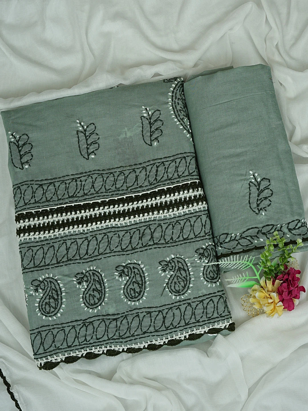 Ada Hand Embroidered Teal Green Cotton Lucknowi Chikankari Unstitched Suit Piece 01A853018