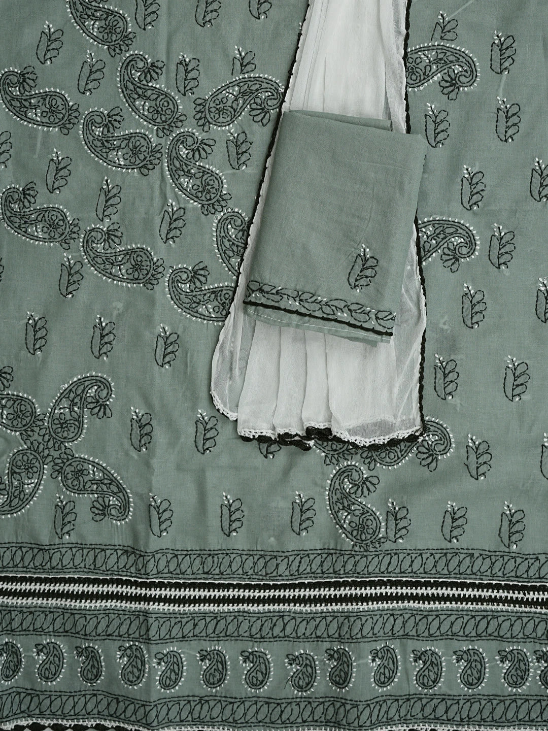 Ada Hand Embroidered Teal Green Cotton Lucknowi Chikankari Unstitched Suit Piece 01A853018