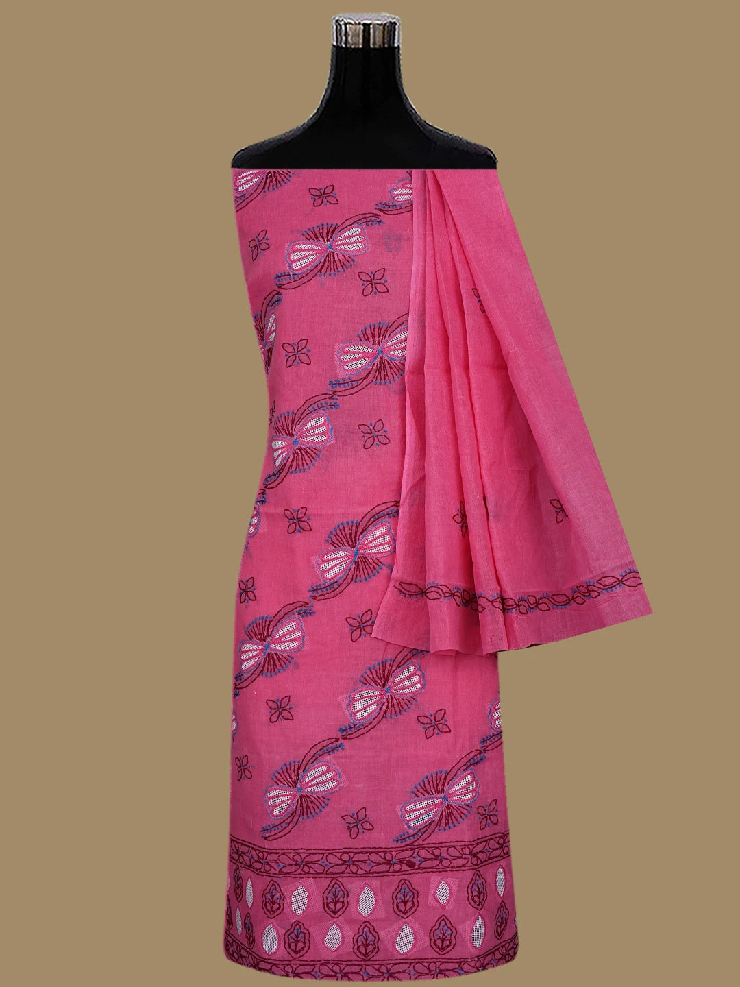 Ada Hand Embroidered Magenta Cotton Lucknowi Chikankari Unstitched Suit Piece 01A853542