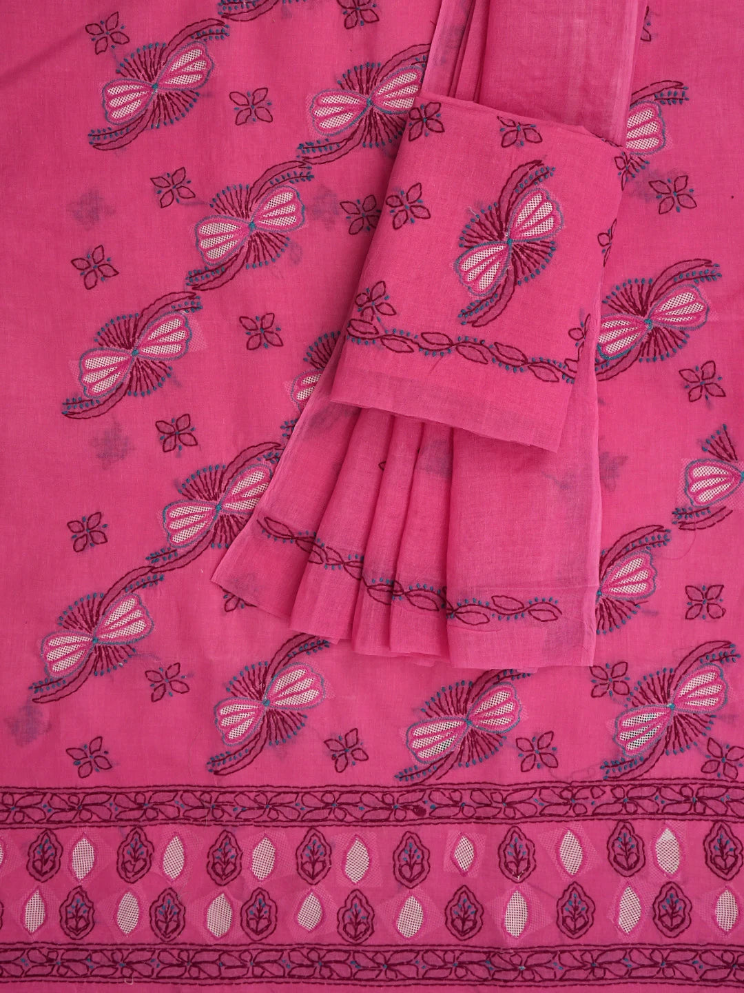 Ada Hand Embroidered Magenta Cotton Lucknowi Chikankari Unstitched Suit Piece 01A853542