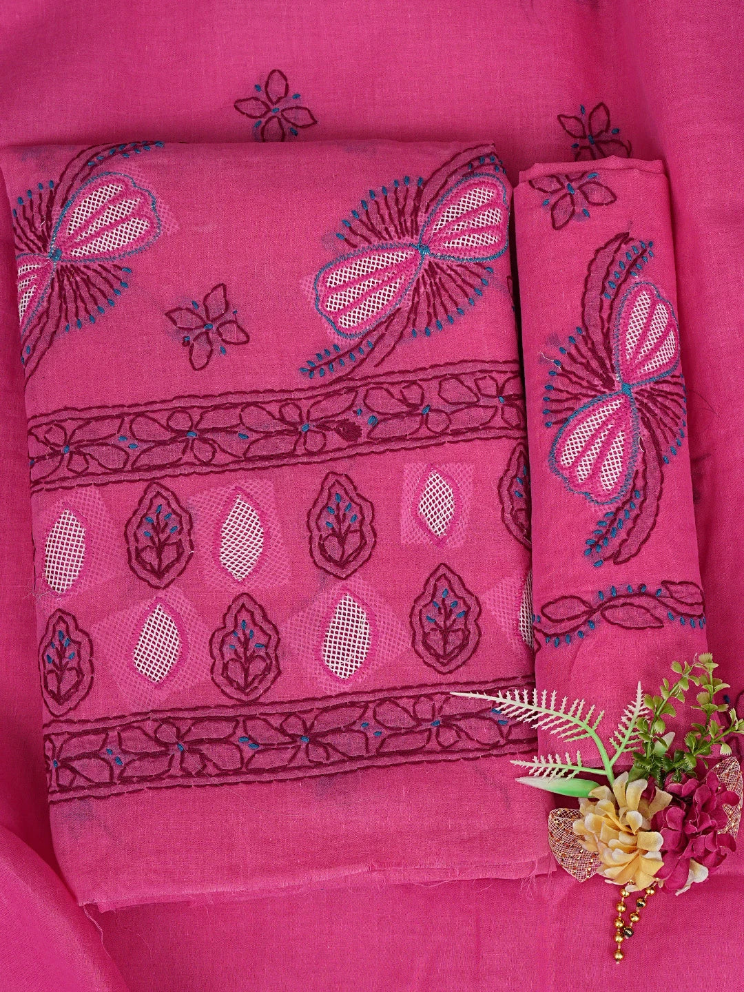 Ada Hand Embroidered Magenta Cotton Lucknowi Chikankari Unstitched Suit Piece 01A853542