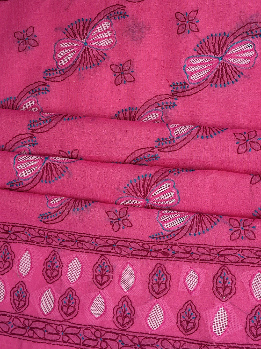 Ada Hand Embroidered Magenta Cotton Lucknowi Chikankari Unstitched Suit Piece 01A853542