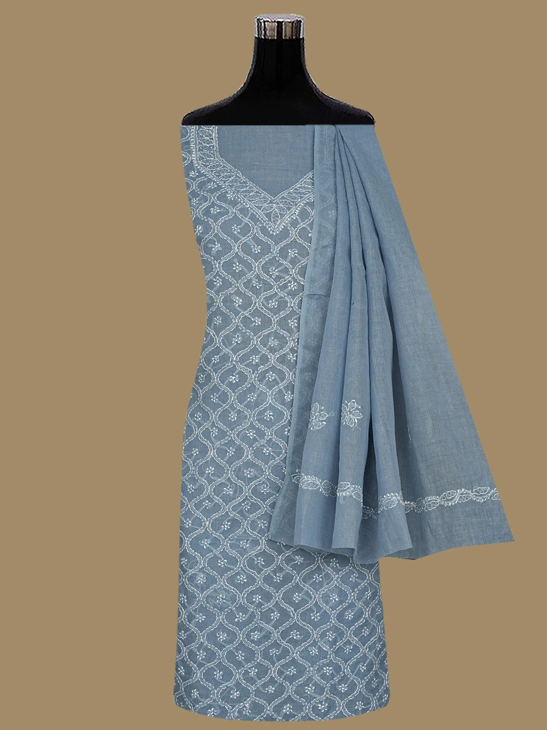 Ada Hand Embroidered Dark Grey Cotton Lucknowi Chikankari Unstitched Suit Piece 01A853583