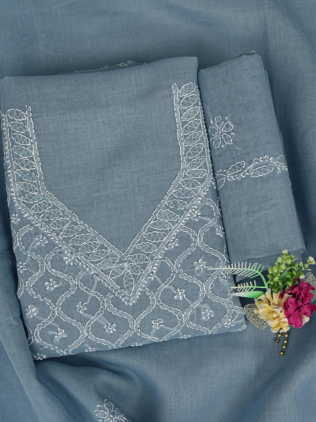 Ada Hand Embroidered Dark Grey Cotton Lucknowi Chikankari Unstitched Suit Piece 01A853583