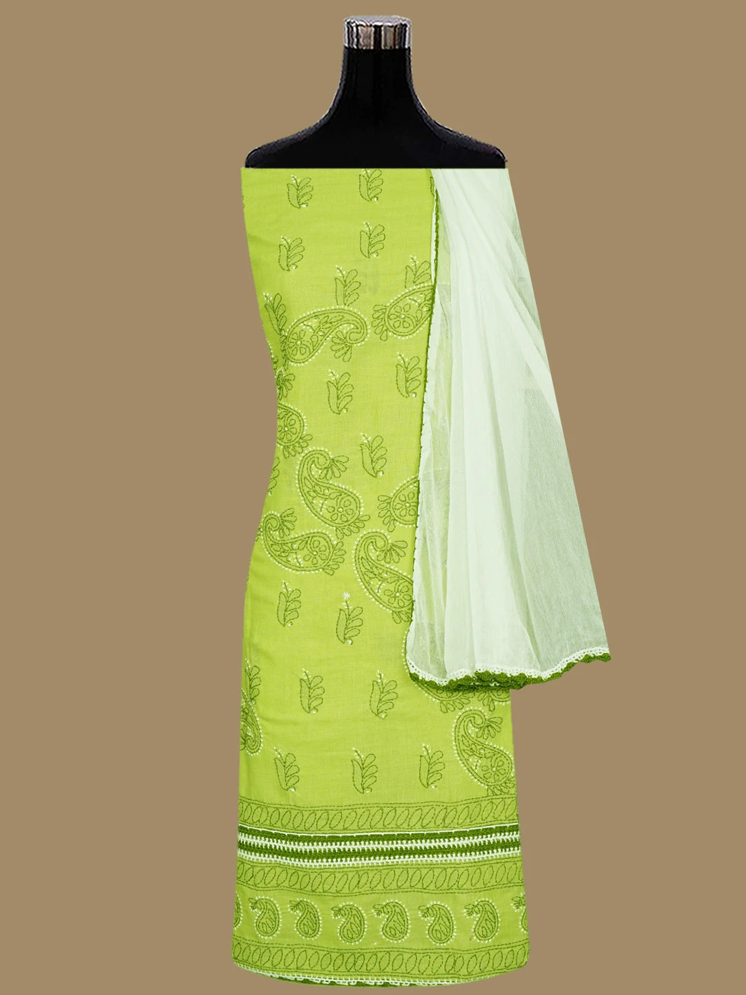 Ada Hand Embroidered Green Cotton Lucknowi Chikankari Unstitched Suit Piece 01A853033