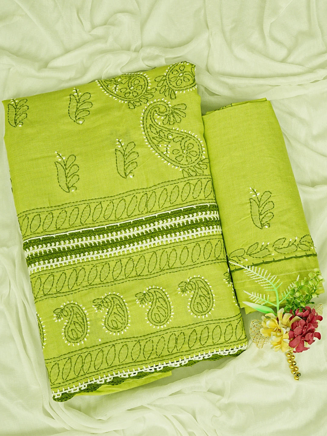 Ada Hand Embroidered Green Cotton Lucknowi Chikankari Unstitched Suit Piece 01A853033