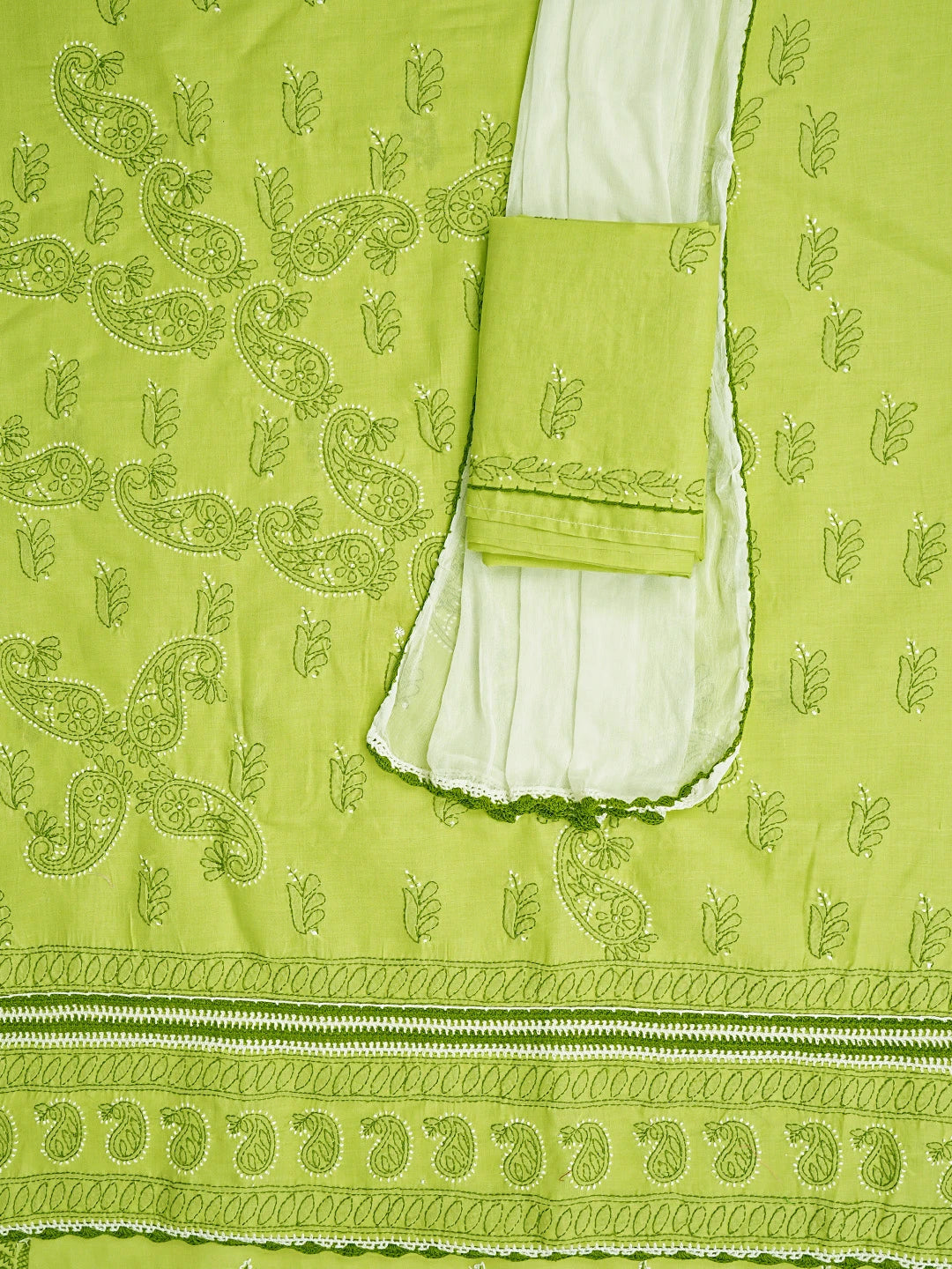 Ada Hand Embroidered Green Cotton Lucknowi Chikankari Unstitched Suit Piece 01A853033