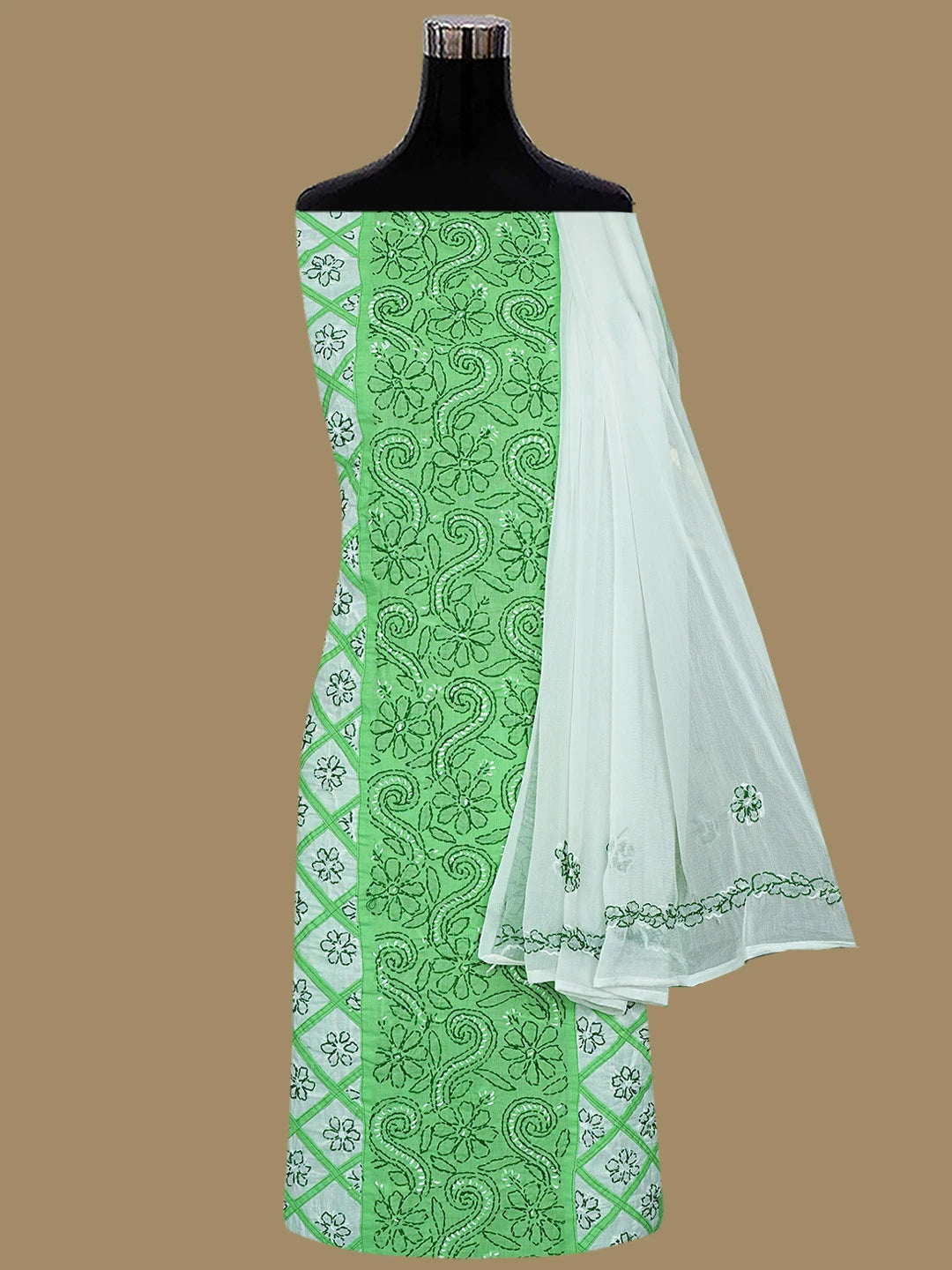 Ada Hand Embroidered Green And White Cotton Lucknowi Chikankari Unstitched Suit Piece 01A853029