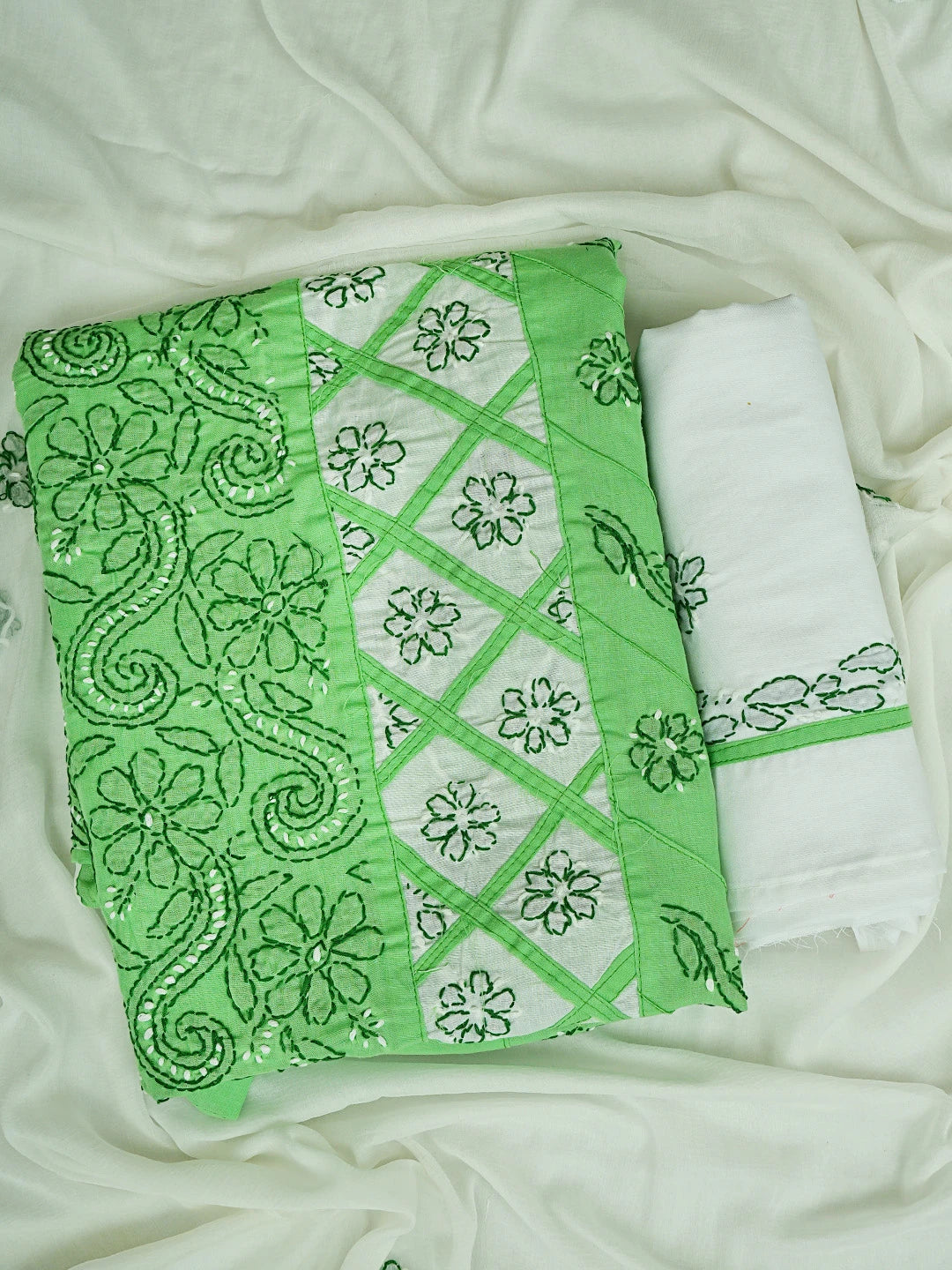 Ada Hand Embroidered Green And White Cotton Lucknowi Chikankari Unstitched Suit Piece 01A853029