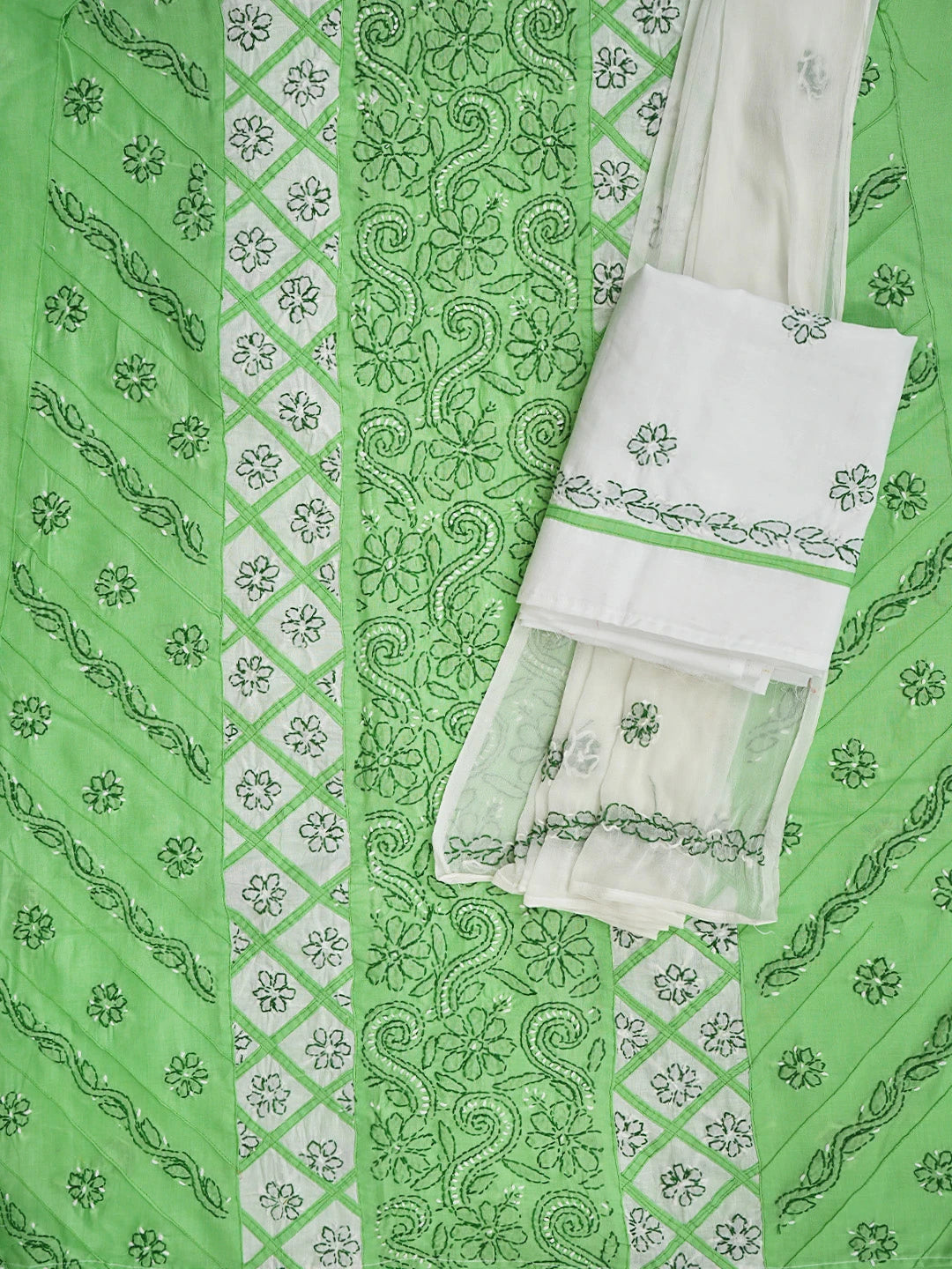 Ada Hand Embroidered Green And White Cotton Lucknowi Chikankari Unstitched Suit Piece 01A853029