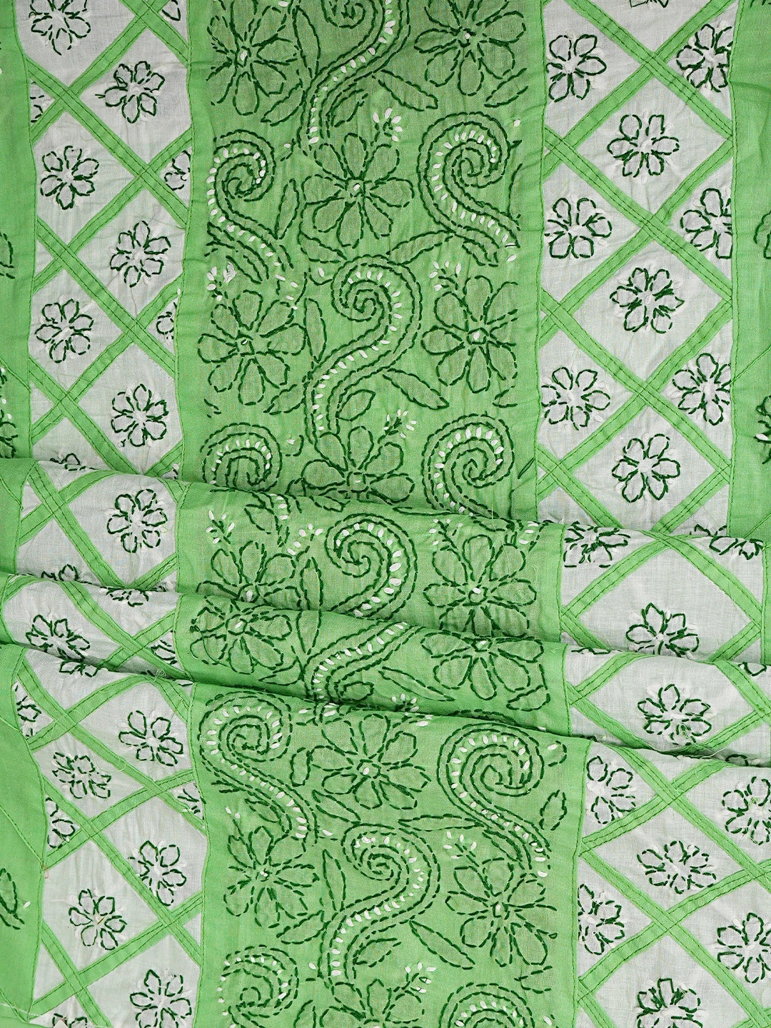 Ada Hand Embroidered Green And White Cotton Lucknowi Chikankari Unstitched Suit Piece 01A853029