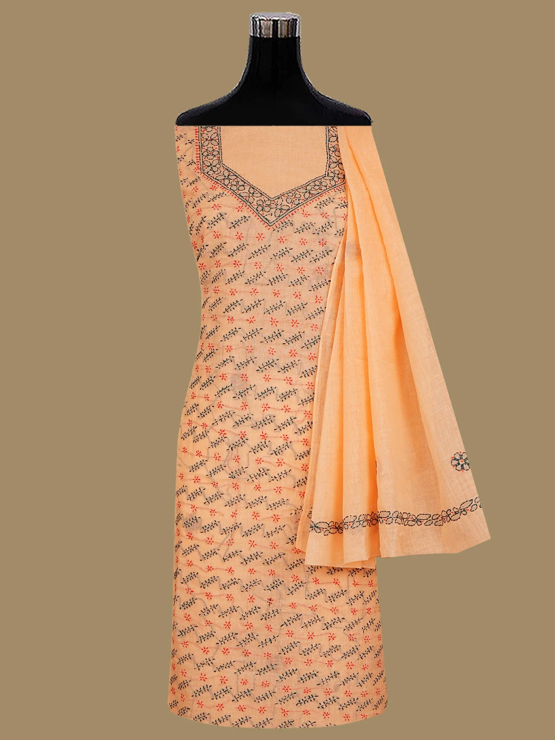 Ada Hand Embroidered Bright Peach Cotton Lucknowi Chikankari Unstitched Suit Piece 01A853429