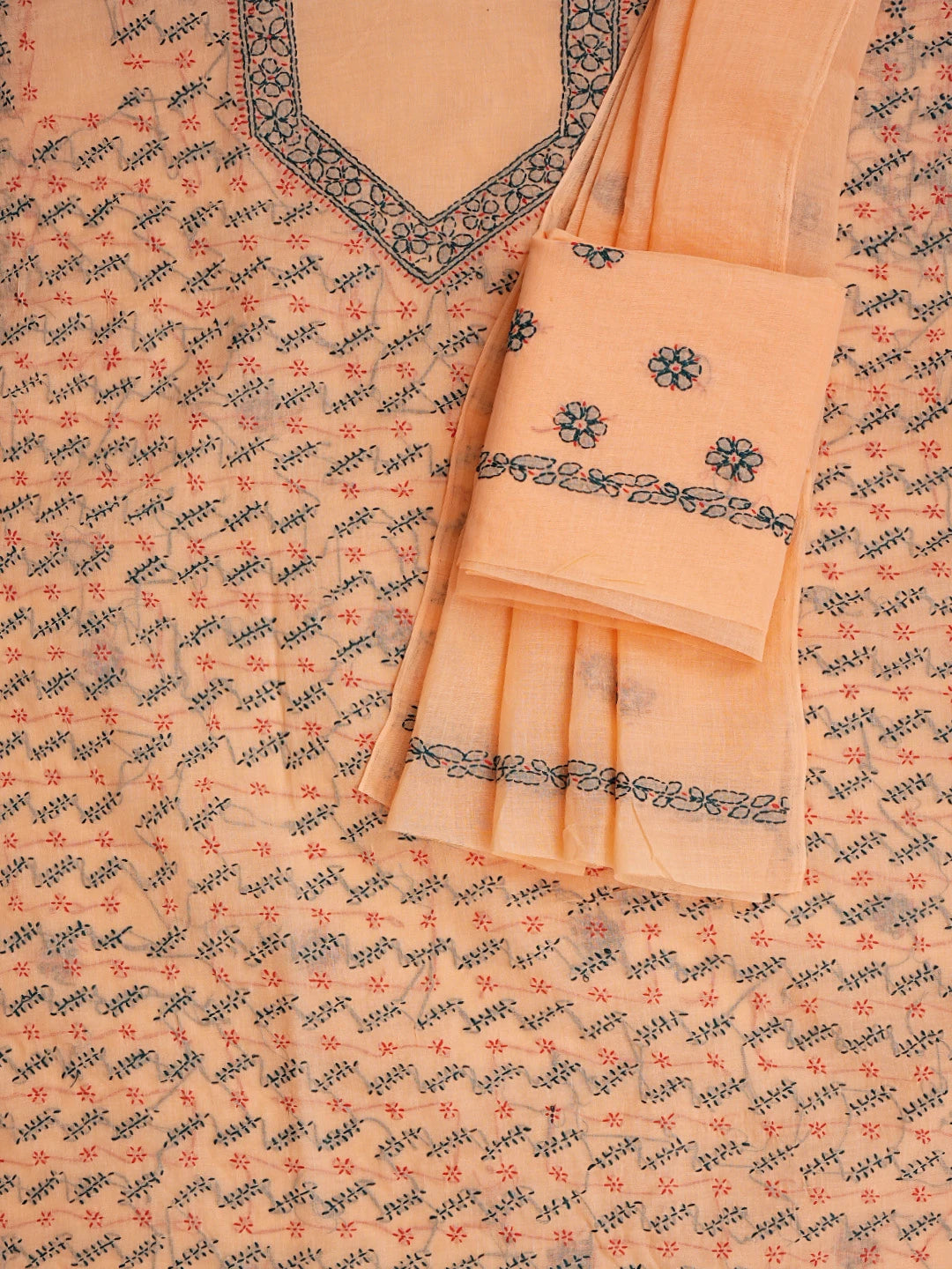 Ada Hand Embroidered Bright Peach Cotton Lucknowi Chikankari Unstitched Suit Piece 01A853429