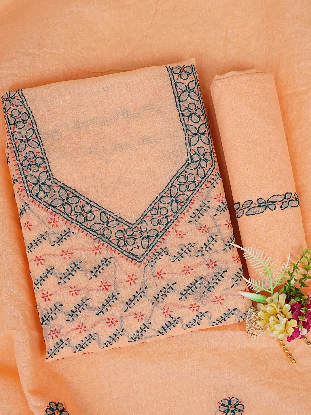 Ada Hand Embroidered Bright Peach Cotton Lucknowi Chikankari Unstitched Suit Piece 01A853429