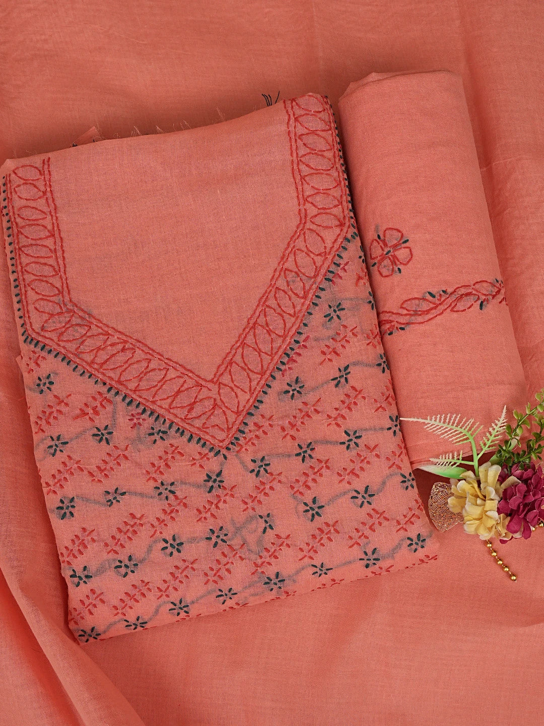 Ada Hand Embroidered Dark Pink Cotton Lucknowi Chikankari Unstitched Suit Piece 01A853430