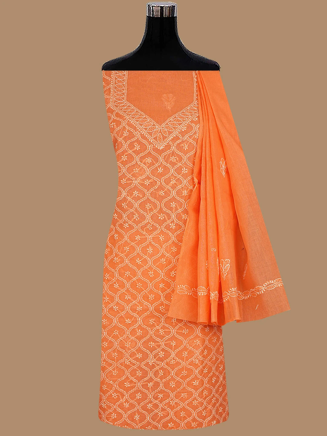 Ada Hand Embroidered Bright Peach Cotton Lucknowi Chikankari Unstitched Suit Piece 01A853594