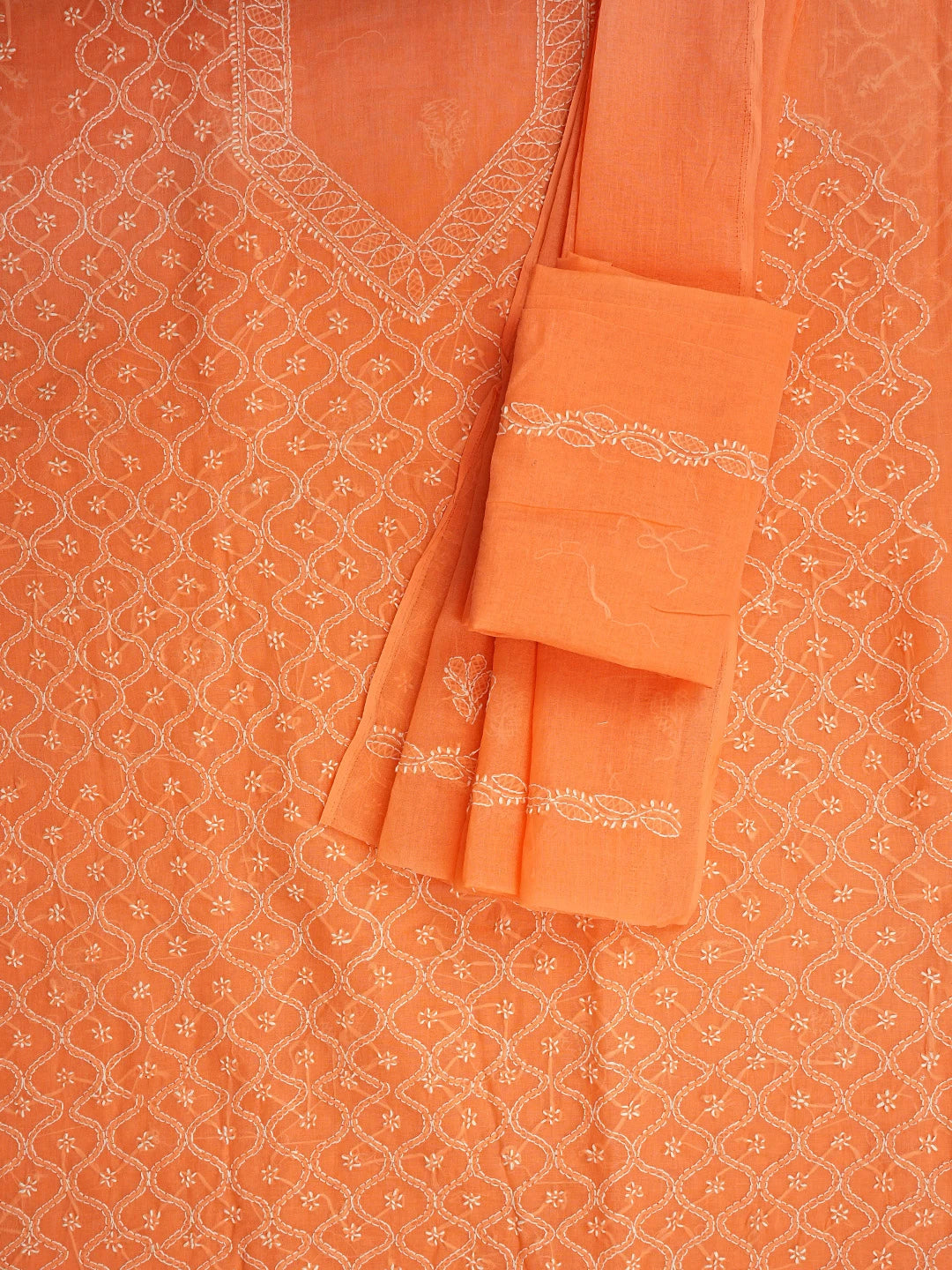 Ada Hand Embroidered Bright Peach Cotton Lucknowi Chikankari Unstitched Suit Piece 01A853594