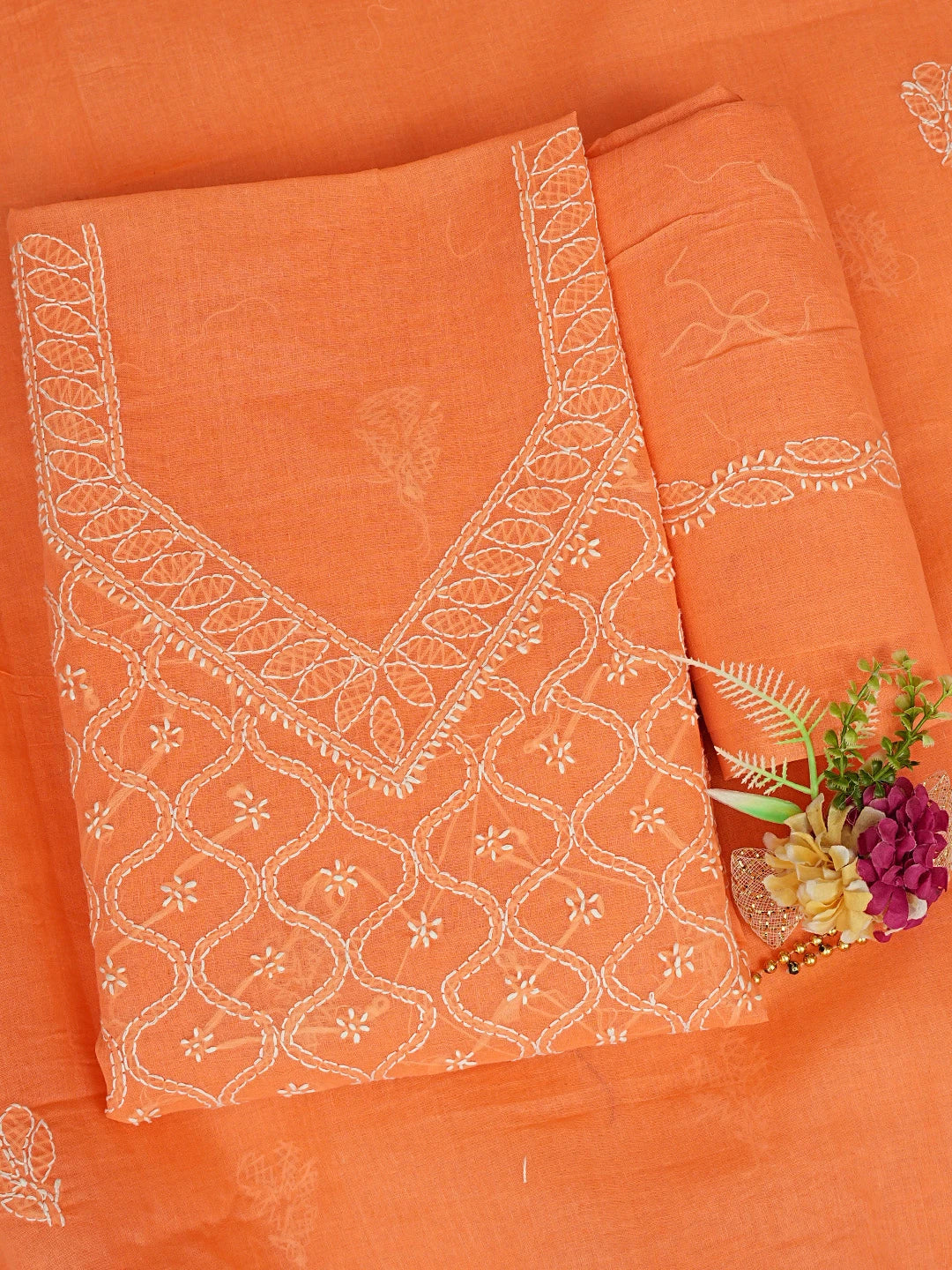 Ada Hand Embroidered Bright Peach Cotton Lucknowi Chikankari Unstitched Suit Piece 01A853594