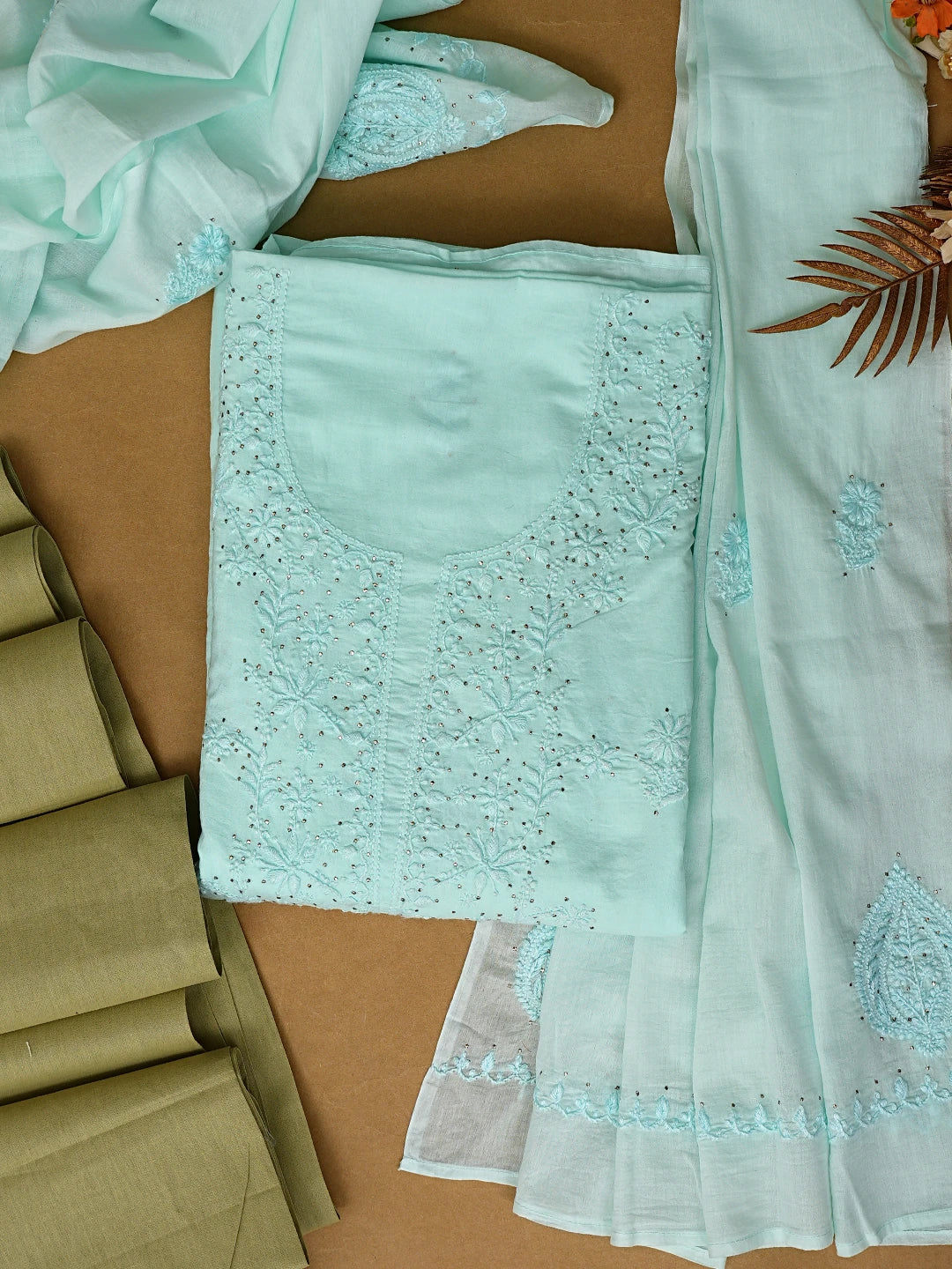 Ada Hand Embroidered Pale Sea Green Cotton Lucknowi Chikankari Unstitched Kurta Dupatta Set With Mukaish Work 01A760122