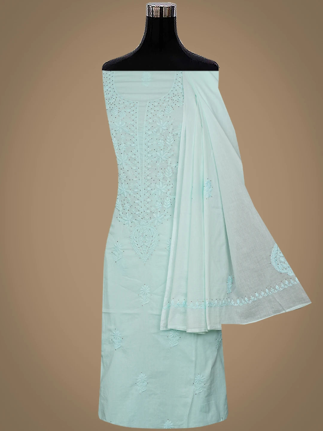Ada Hand Embroidered Pale Sea Green Cotton Lucknowi Chikankari Unstitched Kurta Dupatta Set With Mukaish Work 01A760122