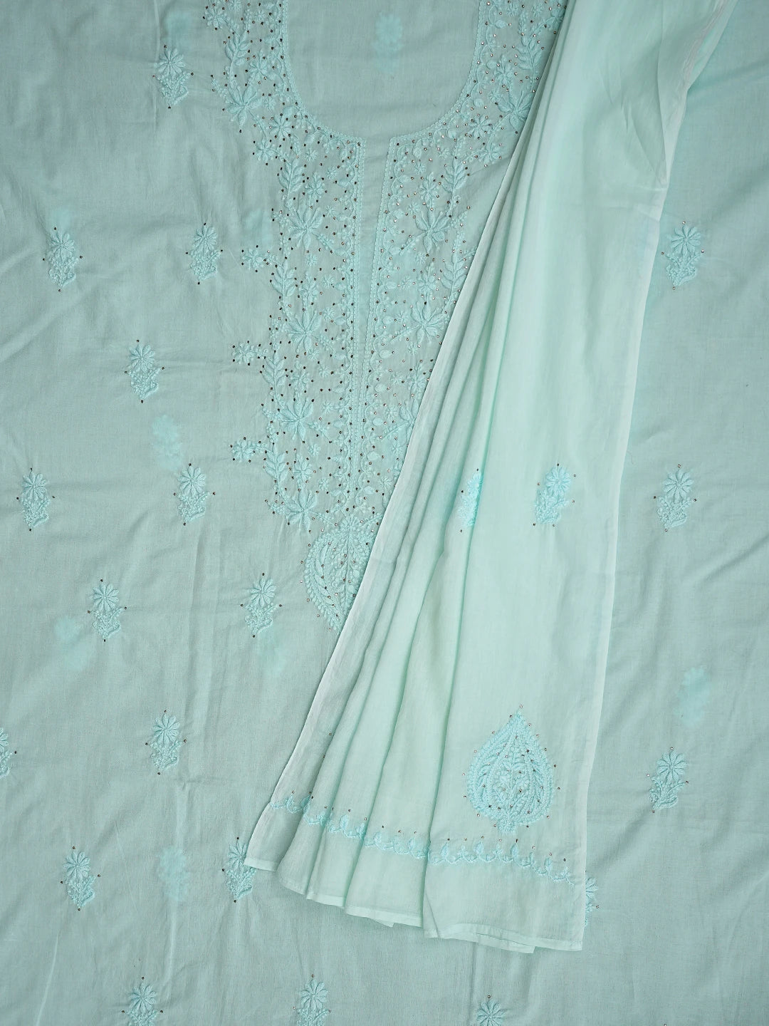 Ada Hand Embroidered Pale Sea Green Cotton Lucknowi Chikankari Unstitched Kurta Dupatta Set With Mukaish Work 01A760122