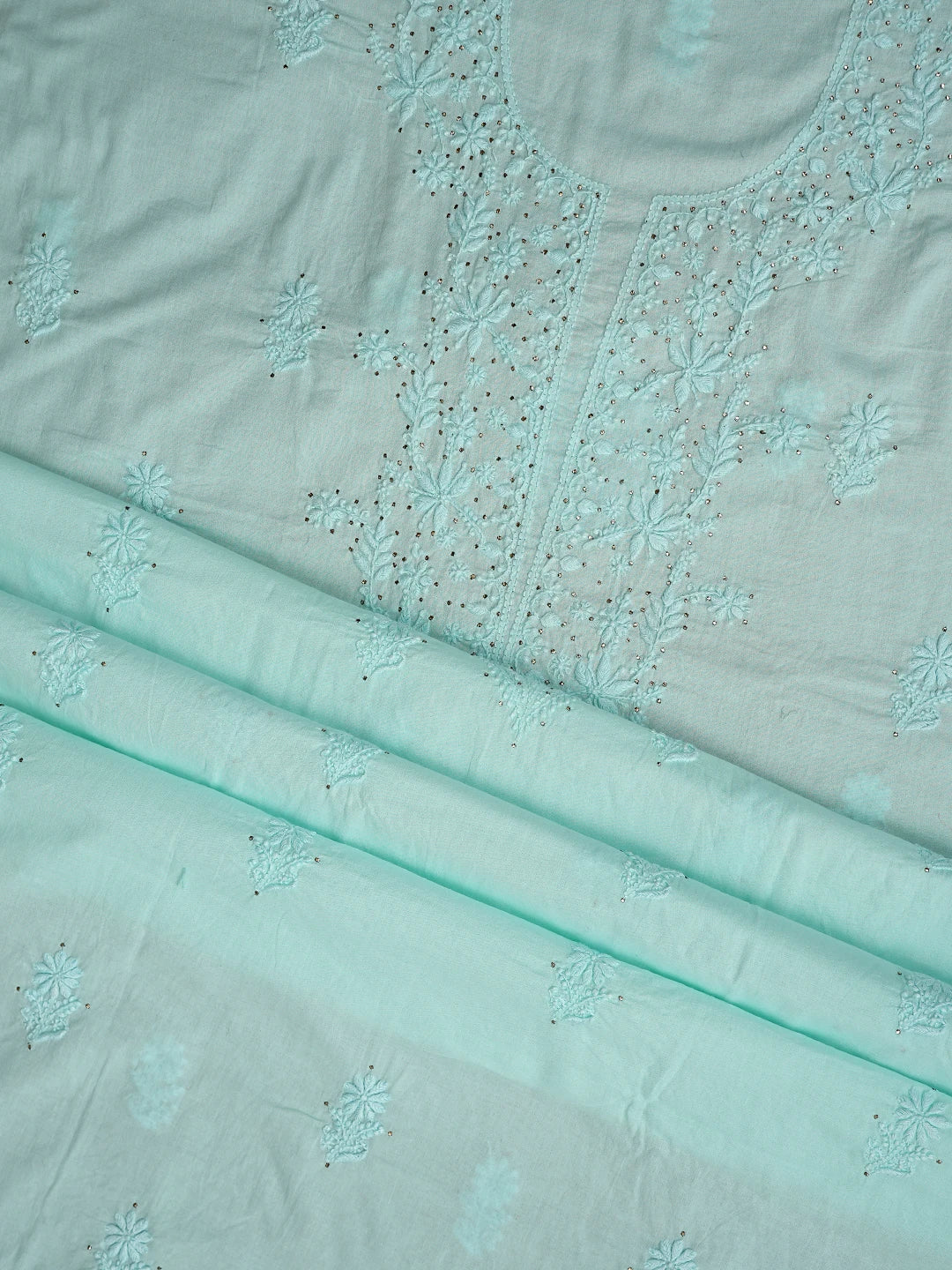 Ada Hand Embroidered Pale Sea Green Cotton Lucknowi Chikankari Unstitched Kurta Dupatta Set With Mukaish Work 01A760122