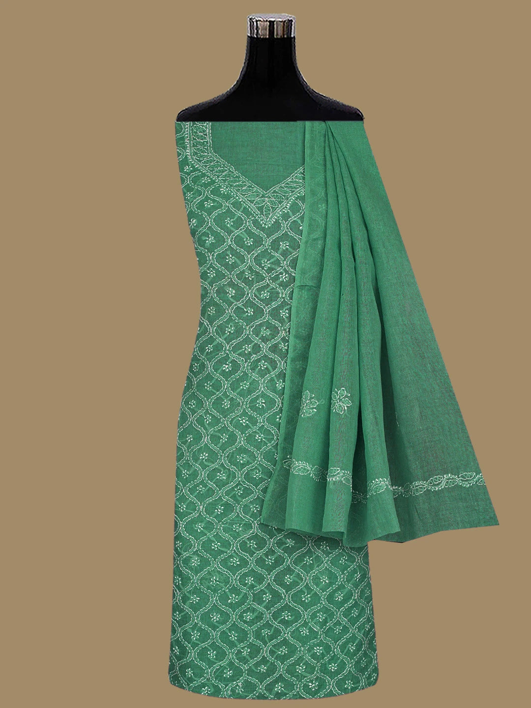 Ada Hand Embroidered Juniper Green Cotton Lucknowi Chikankari Unstitched Suit Piece 01A853591