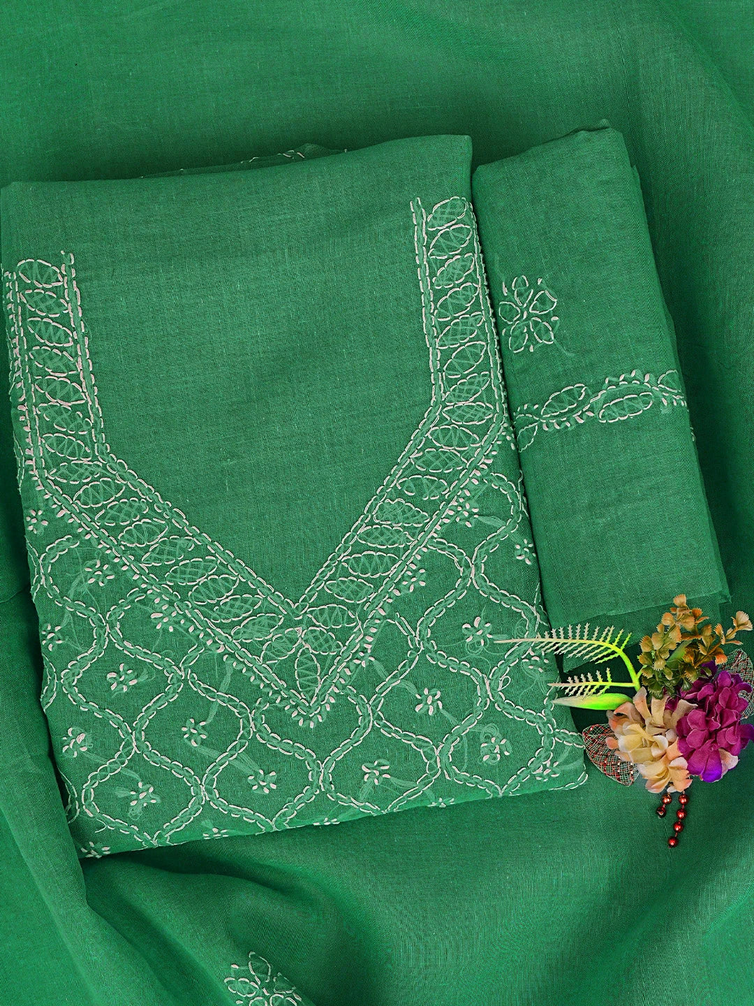 Ada Hand Embroidered Juniper Green Cotton Lucknowi Chikankari Unstitched Suit Piece 01A853591