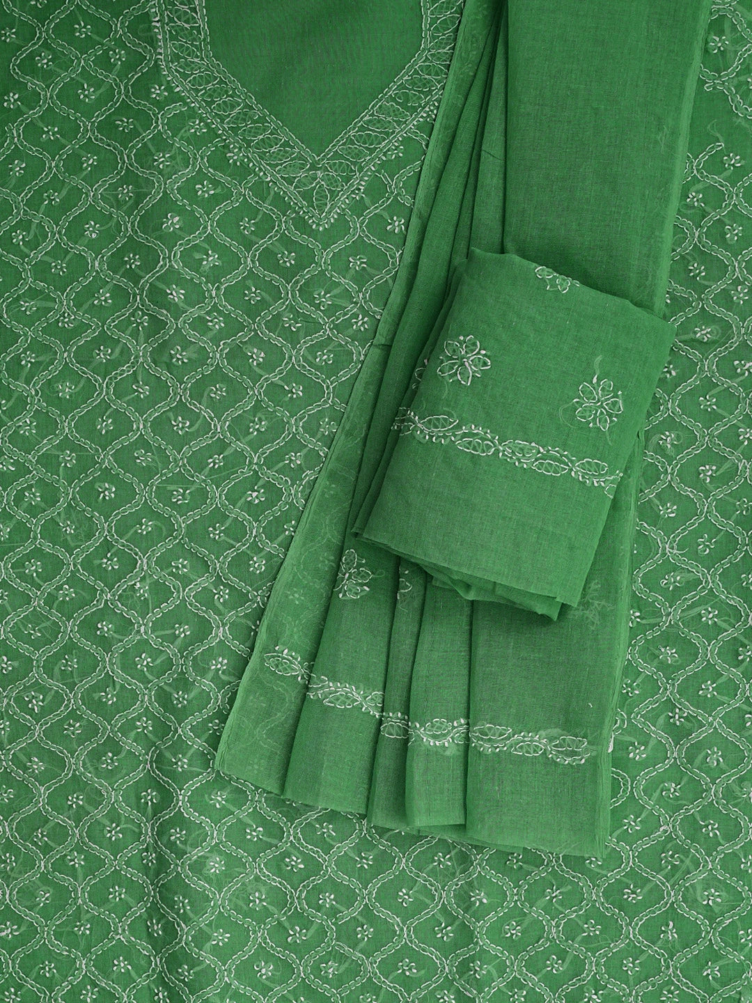 Ada Hand Embroidered Juniper Green Cotton Lucknowi Chikankari Unstitched Suit Piece 01A853591