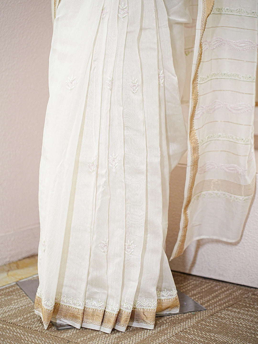 Ada Hand Embroidered Off White Chanderi Lucknowi Chikankari Saree And Blouse With Cutdana Work 01A681217