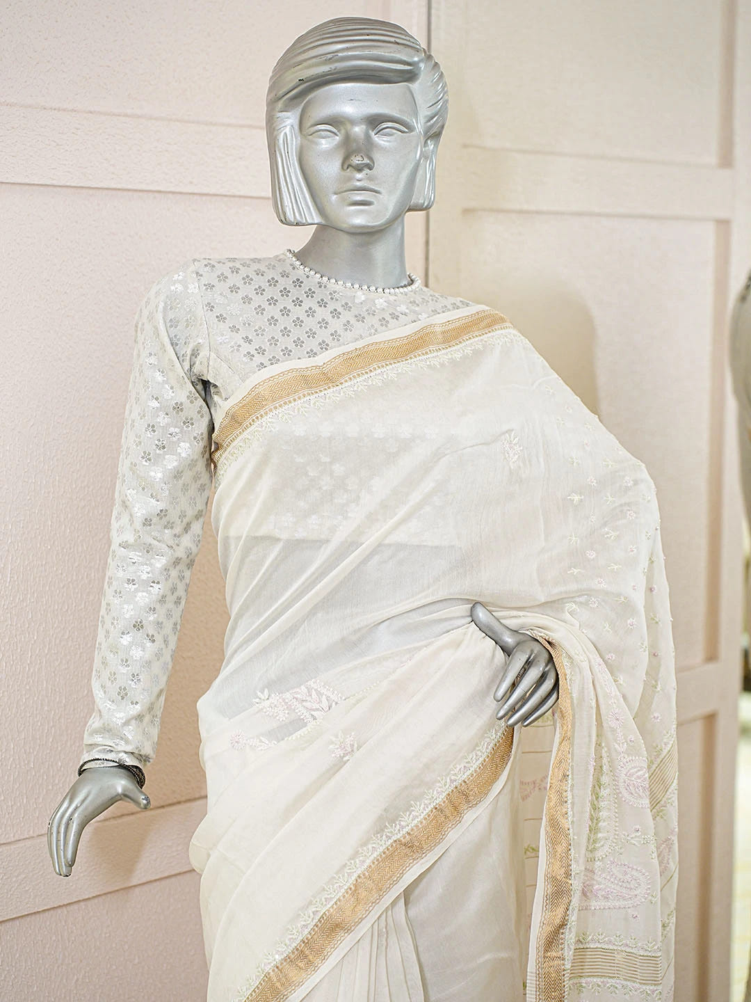 Ada Hand Embroidered Off White Chanderi Lucknowi Chikankari Saree And Blouse With Cutdana Work 01A681217