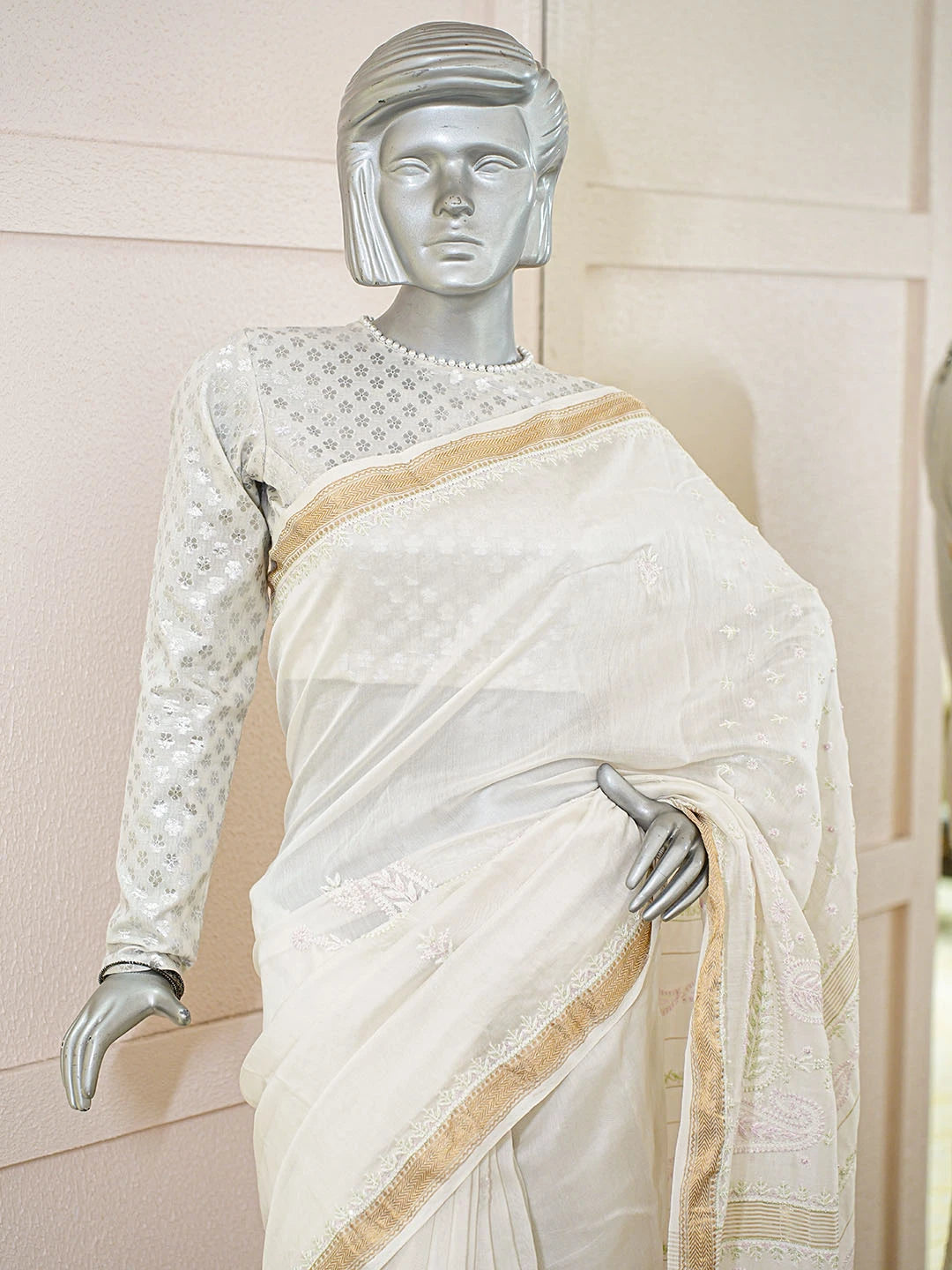 Ada Hand Embroidered Off White Chanderi Lucknowi Chikankari Saree And Blouse With Cutdana Work 01A681217