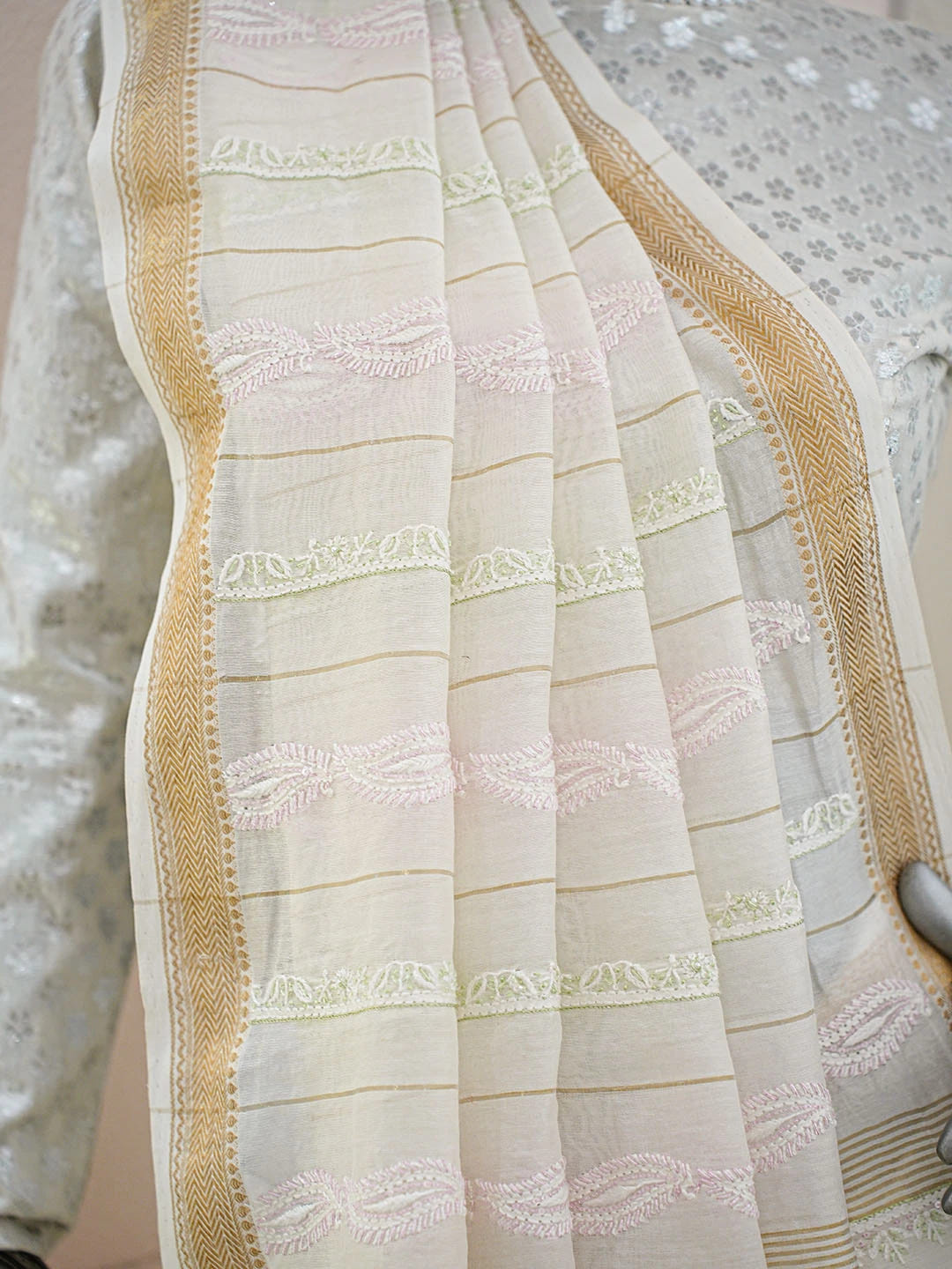 Ada Hand Embroidered Off White Chanderi Lucknowi Chikankari Saree And Blouse With Cutdana Work 01A681217
