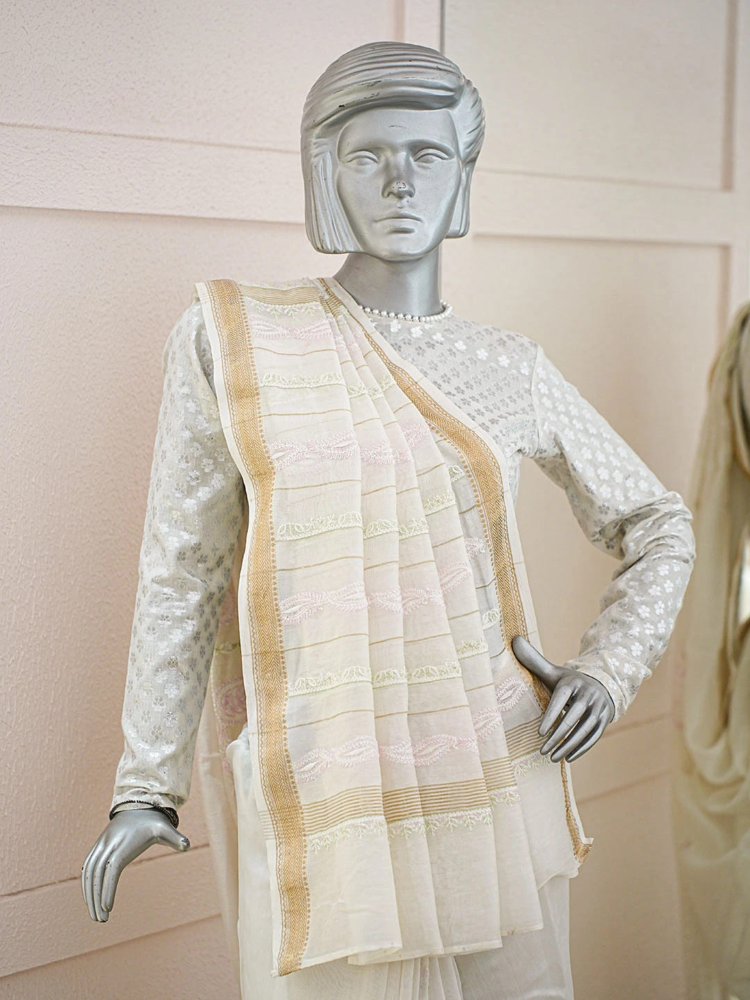 Ada Hand Embroidered Off White Chanderi Lucknowi Chikankari Saree And Blouse With Cutdana Work 01A681217
