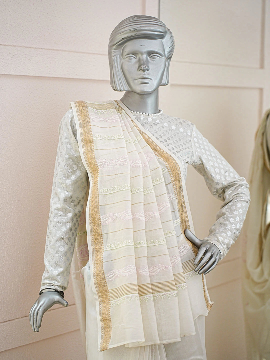 Ada Hand Embroidered Off White Chanderi Lucknowi Chikankari Saree And Blouse With Cutdana Work 01A681217