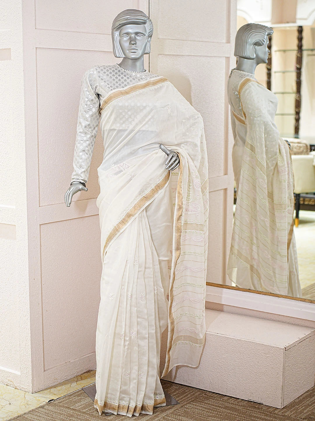 Ada Hand Embroidered Off White Chanderi Lucknowi Chikankari Saree And Blouse With Cutdana Work 01A681217