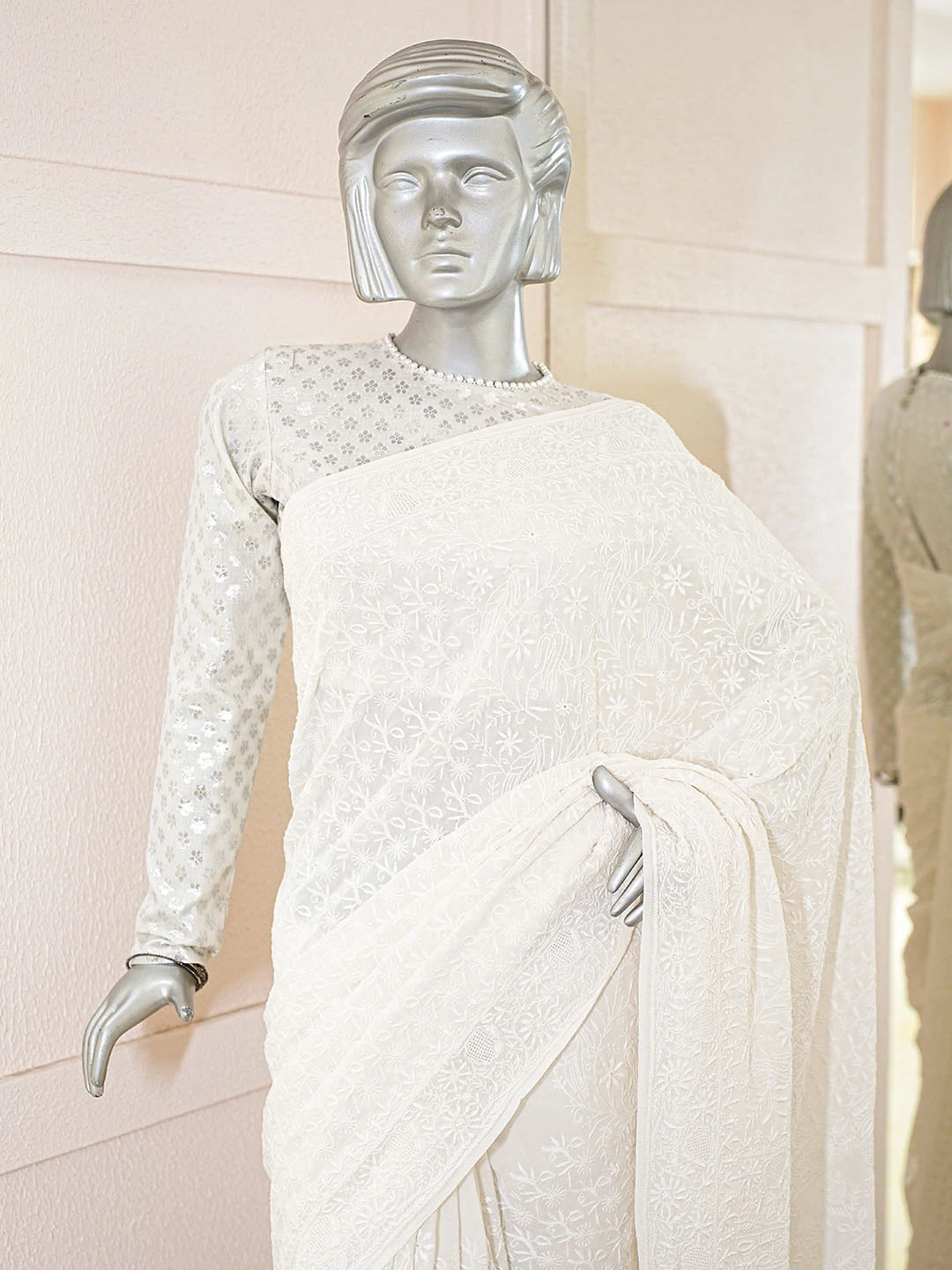 Ada Hand Embroidered White Pure Georgette Lucknowi Chikankari Saree With Blouse 01A856602