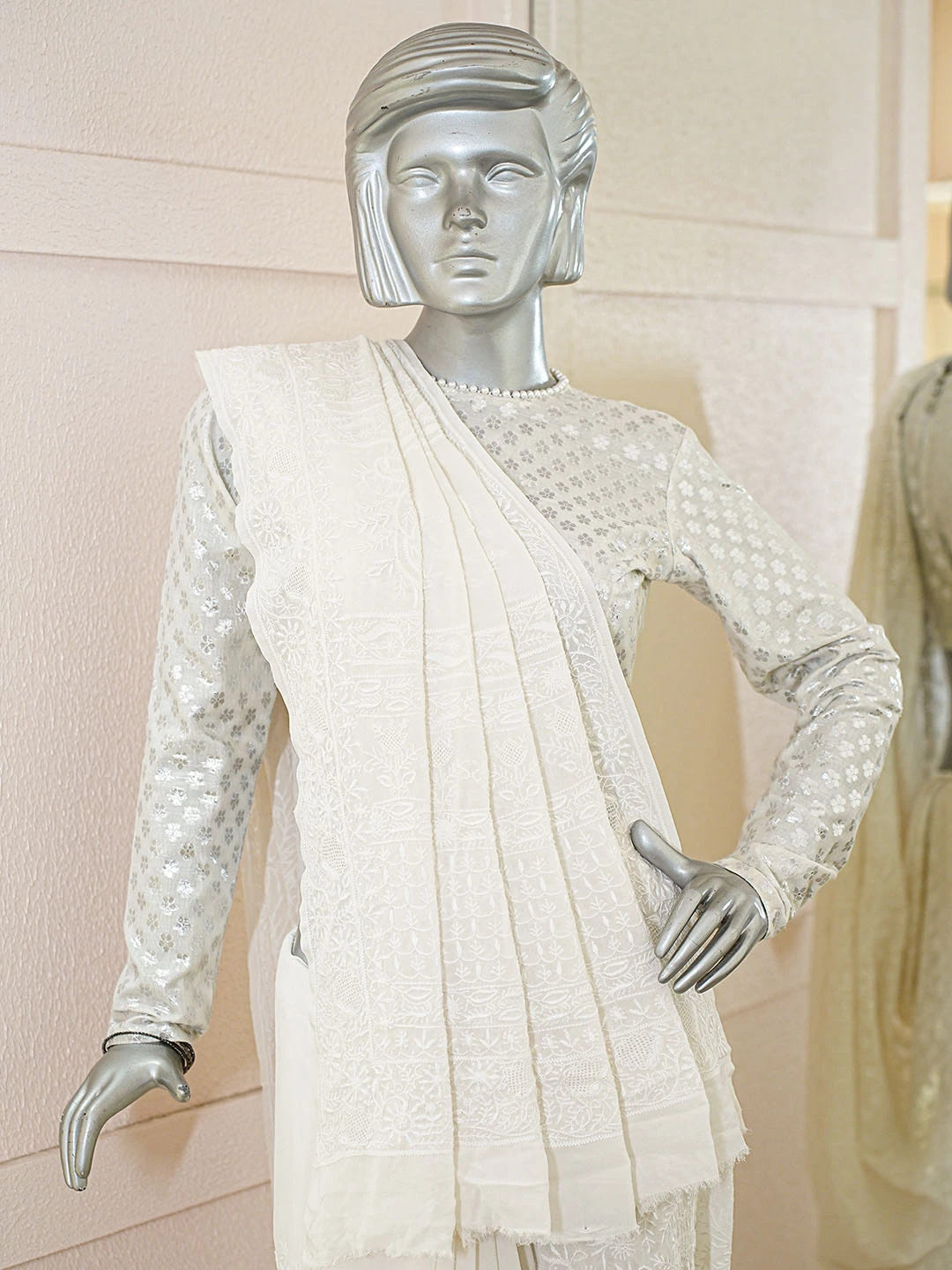 Ada Hand Embroidered White Pure Georgette Lucknowi Chikankari Saree With Blouse 01A856602