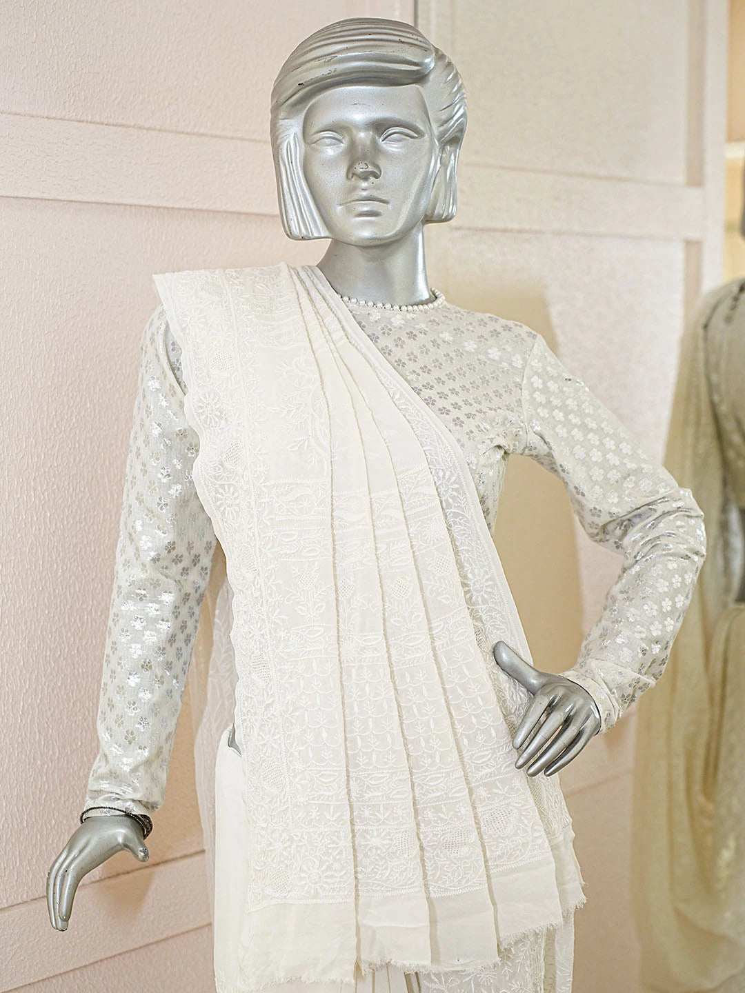 Ada Hand Embroidered White Pure Georgette Lucknowi Chikankari Saree With Blouse 01A856602