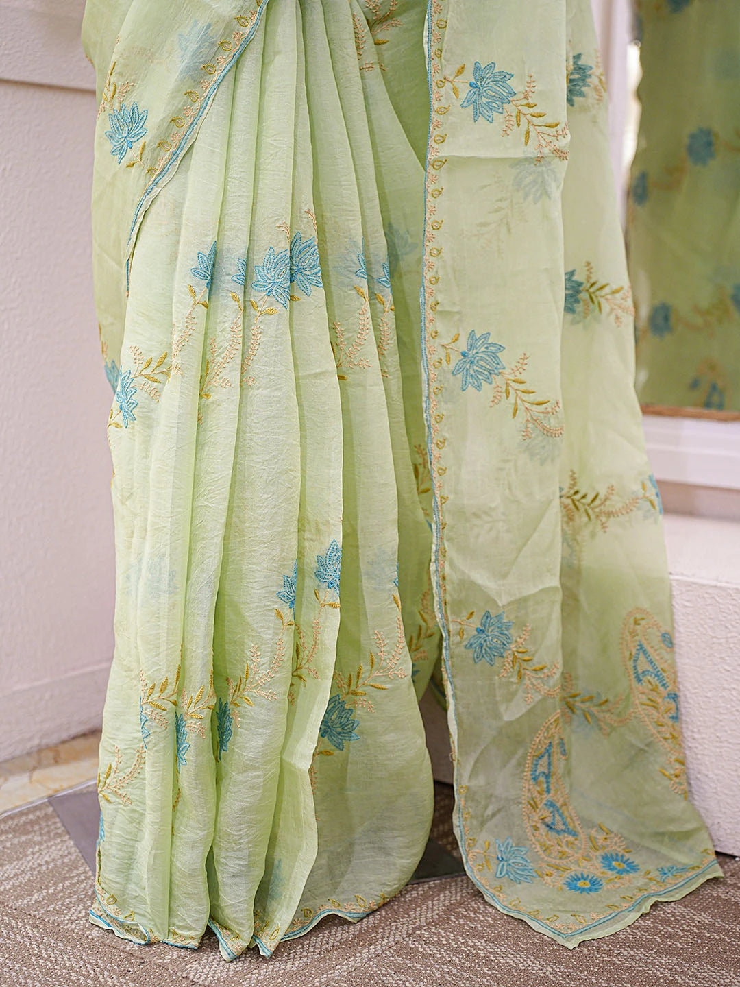 Ada Hand Embroidered Green Organza Lucknowi Chikankari Saree and Blouse With Zari Work 01A593455