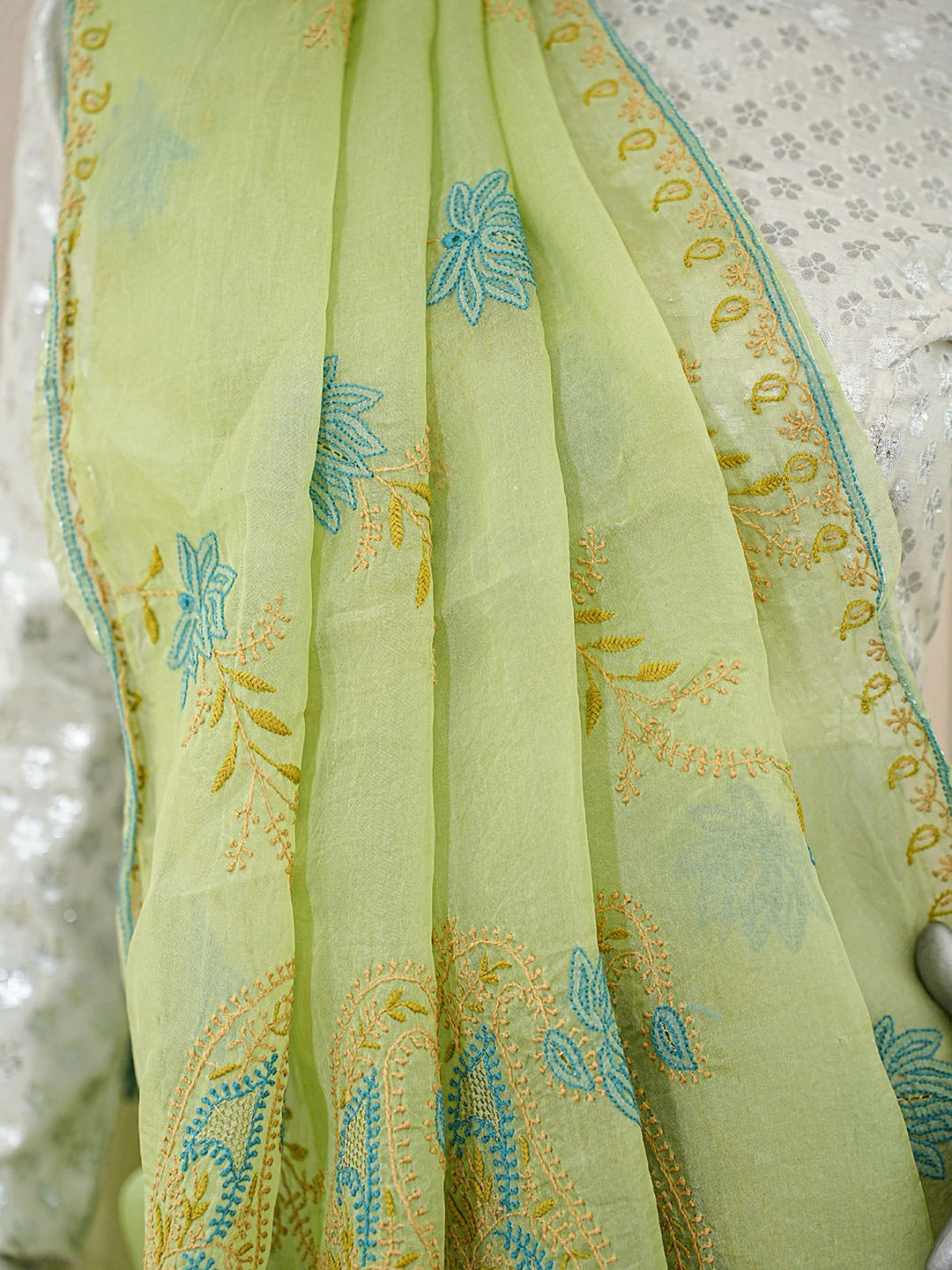 Ada Hand Embroidered Green Organza Lucknowi Chikankari Saree and Blouse With Zari Work 01A593455